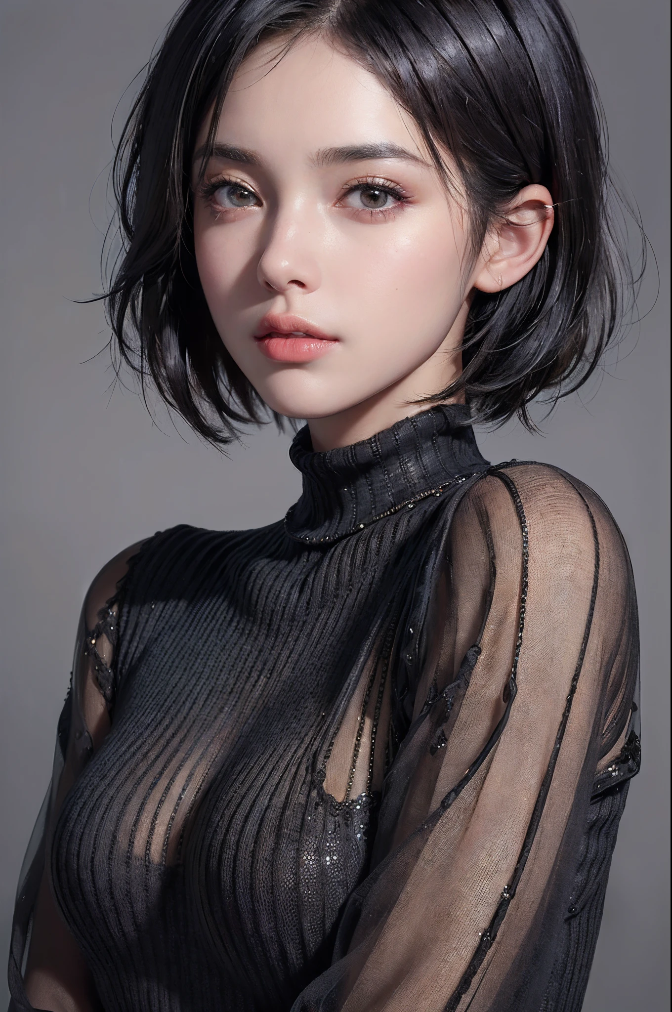 (masterpiece:1.3), (8k, photorealistic, RAW photo, best quality: 1.4), (1girl), beautiful face, (realistic face), (black hair, short hair:1.3), beautiful hairstyle, realistic eyes, beautiful detailed eyes, (realistic skin), beautiful skin, (sweater), absurdres, attractive, ultra high res, ultra realistic, highly detailed, golden ratio