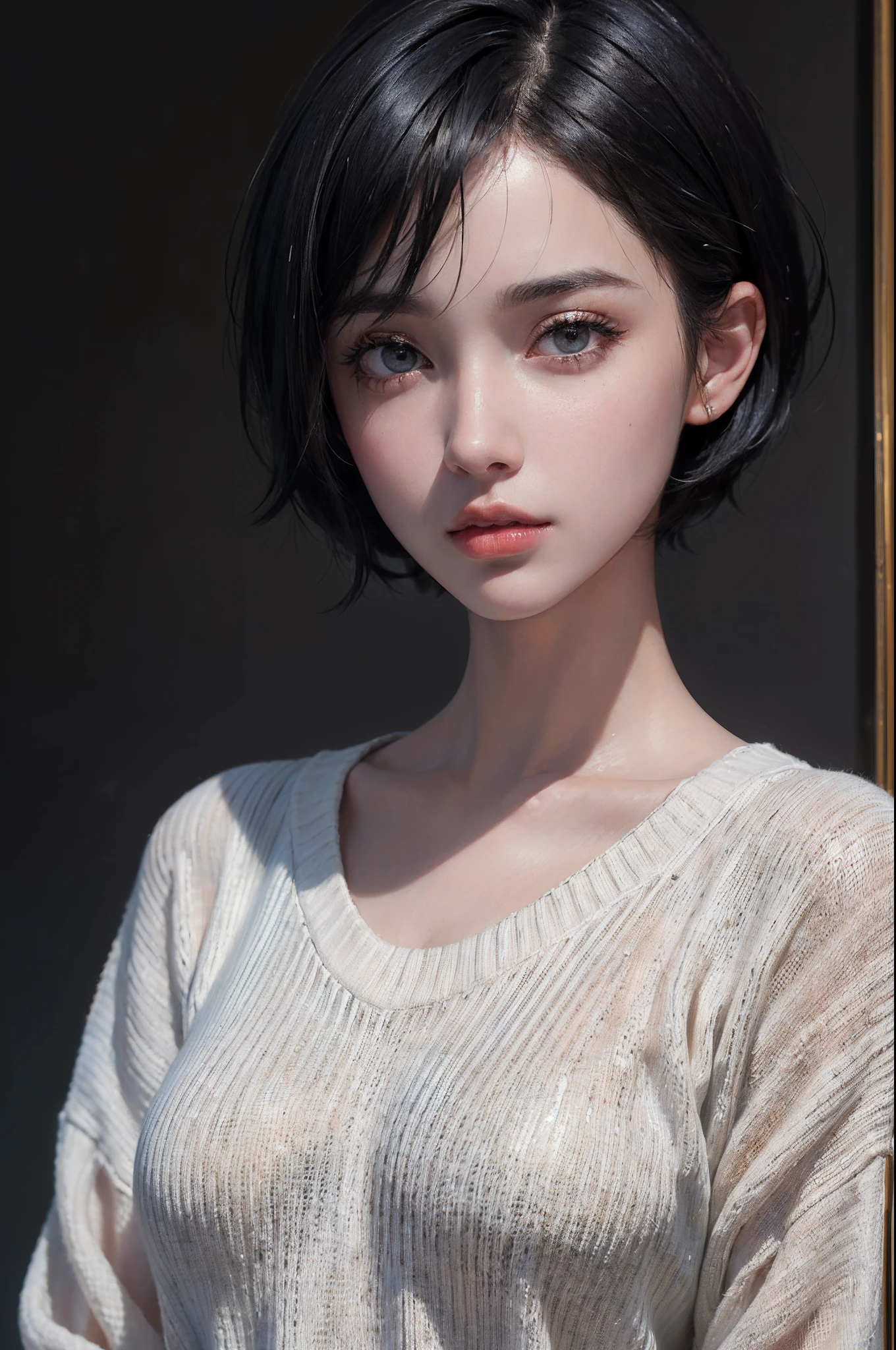 (masterpiece:1.3), (8k, photorealistic, RAW photo, best quality: 1.4), (1girl), beautiful face, (realistic face), (black hair, short hair:1.3), beautiful hairstyle, realistic eyes, beautiful detailed eyes, (realistic skin), beautiful skin, (sweater), absurdres, attractive, ultra high res, ultra realistic, highly detailed, golden ratio