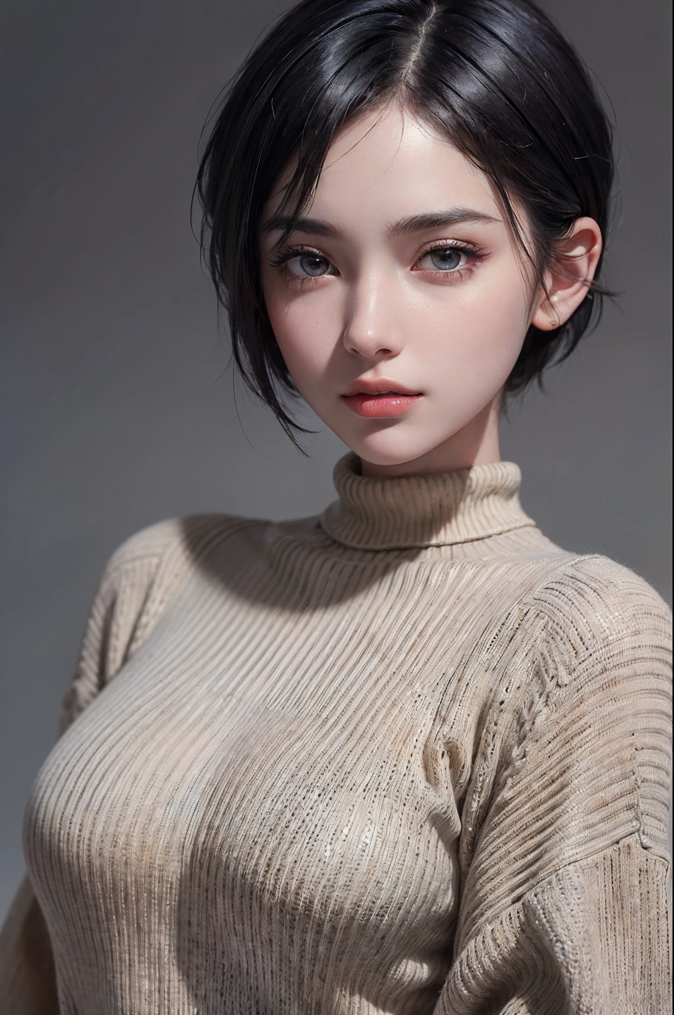 (masterpiece:1.3), (8k, photorealistic, RAW photo, best quality: 1.4), (1girl), beautiful face, (realistic face), (black hair, short hair:1.3), beautiful hairstyle, realistic eyes, beautiful detailed eyes, (realistic skin), beautiful skin, (sweater), absurdres, attractive, ultra high res, ultra realistic, highly detailed, golden ratio