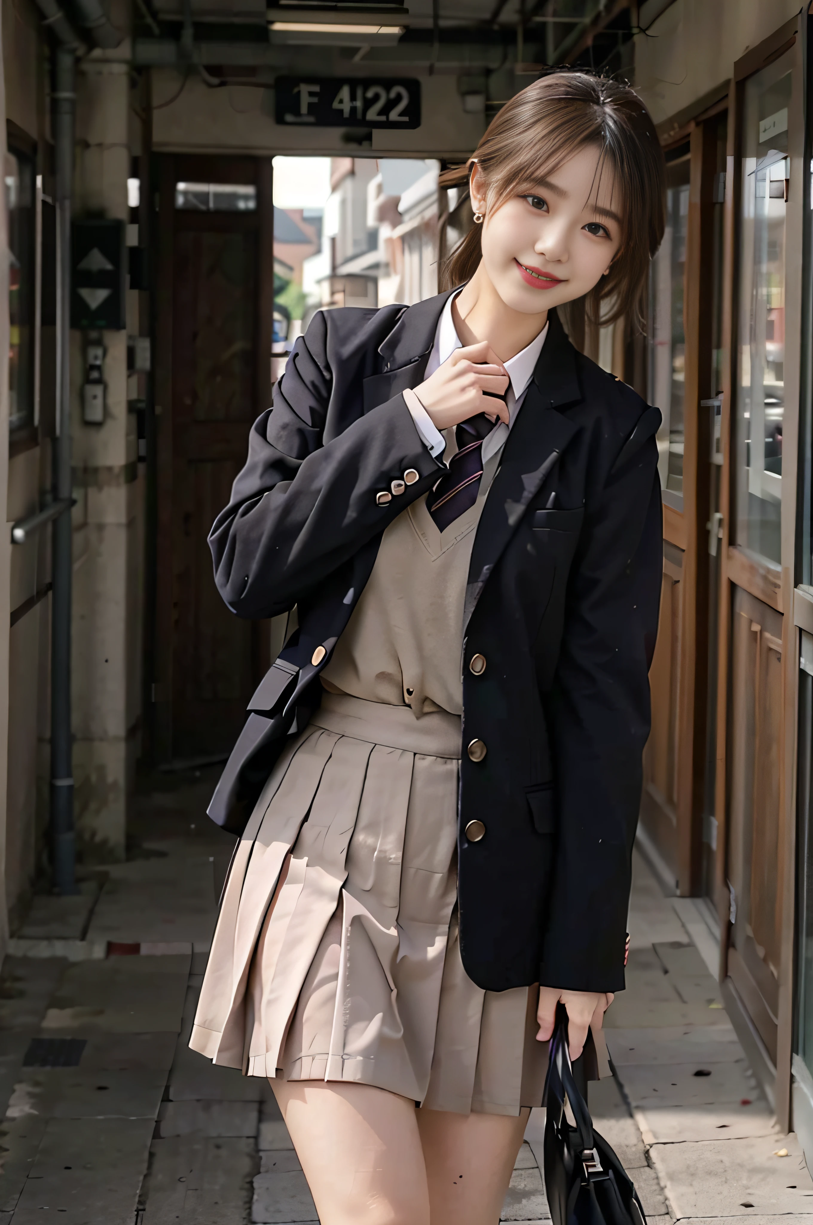 holding a whip in hand, school uniform, shirt, blazer, ribbon tie, skirt, school, corridor in front of classroom, chest thrusting pose, 8K RAW photo, high resolution, 15 year old Korean, very big round breasts, beautiful eyes in detail, long eyelashes, beautiful double eyelids, eyeshadow, eyeliner, slender eyes, elongated eye shape, sanpaku eyes, dark eye makeup, evil smile, beautiful thin legs, random shorthair, hair tied behind the head, earrings, light brown hair,