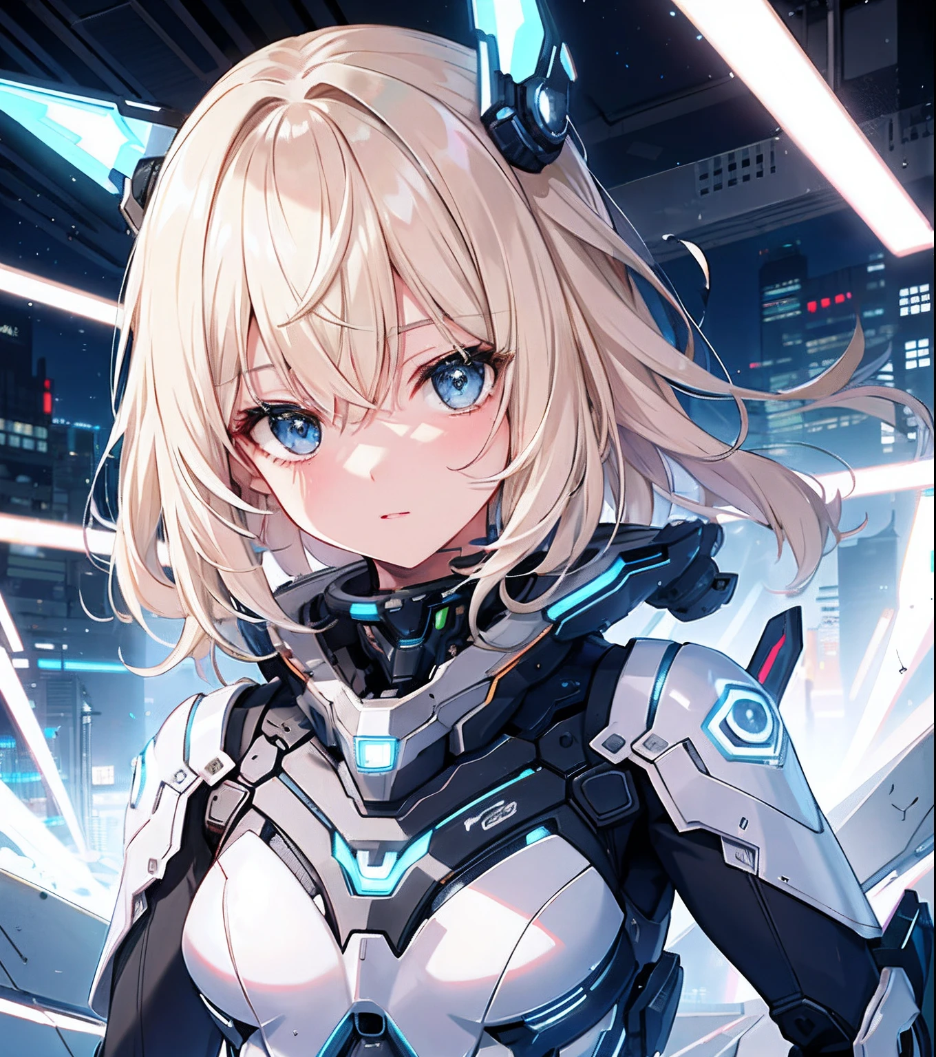 1girll, Blonde, Smooth hair, Detailed face, Cute, Good anatomy, Gray and black mech set, Bright lights, Blue light, Futuristic city,(Complicated lines:1.5)Brilliant and colorful,Fine detail lines