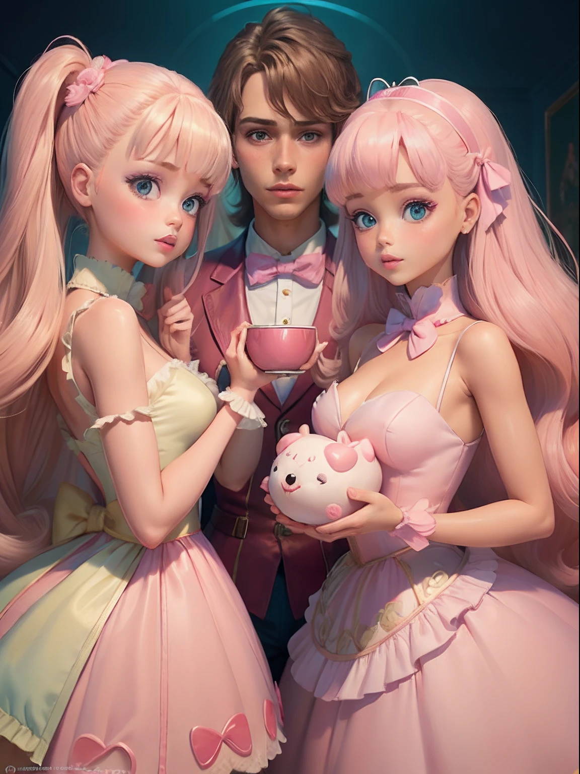 2girls, 1boy, barbie, ken, fashionable, enjoying food, official art, unity 8k wallpaper, ultra detailed, beautiful and aesthetic, masterpiece, best quality, portrait, pink, and vibrant color, extremely detailed, dynamic angle, ((cowboy shot)), the most beautiful form of chaos, elegant, a brutalist designed, 1, vivid colours, romanticism, (masterpiece)，The picture quality is the best，Cartoon ，Lori cooed，vivid and vibrant，Sweet and cute，The shape of the mouth is iconic，Peach bow tie，Irregular cut short bangs，Peach blossom color long straight hair，in pink、purpleish color、White dress color scheme，holding stuffed toy，Lovely and warm，Moe is sweet and striking