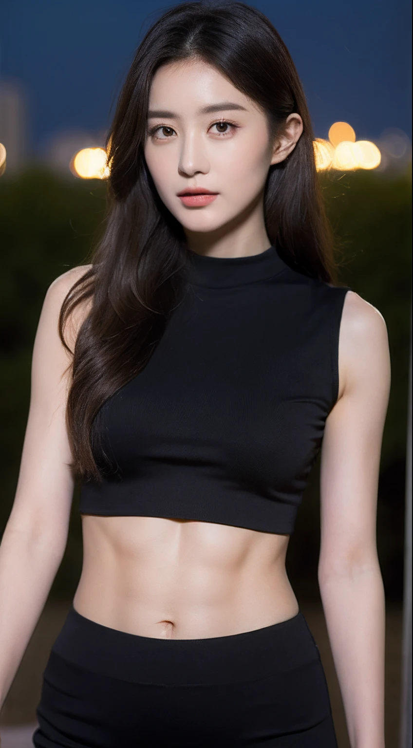 ((Realistic lighting, Best quality, 8K, Masterpiece: 1.3)), Clear focus: 1.2, 1girl, Perfect beauty: 1.4, Slim abs: 1.1, ((Dark brown hair)), (White crop top: 1.4), (Outdoor, Night: 1.1), Park view, Super fine face, Fine eyes, Double eyelids,