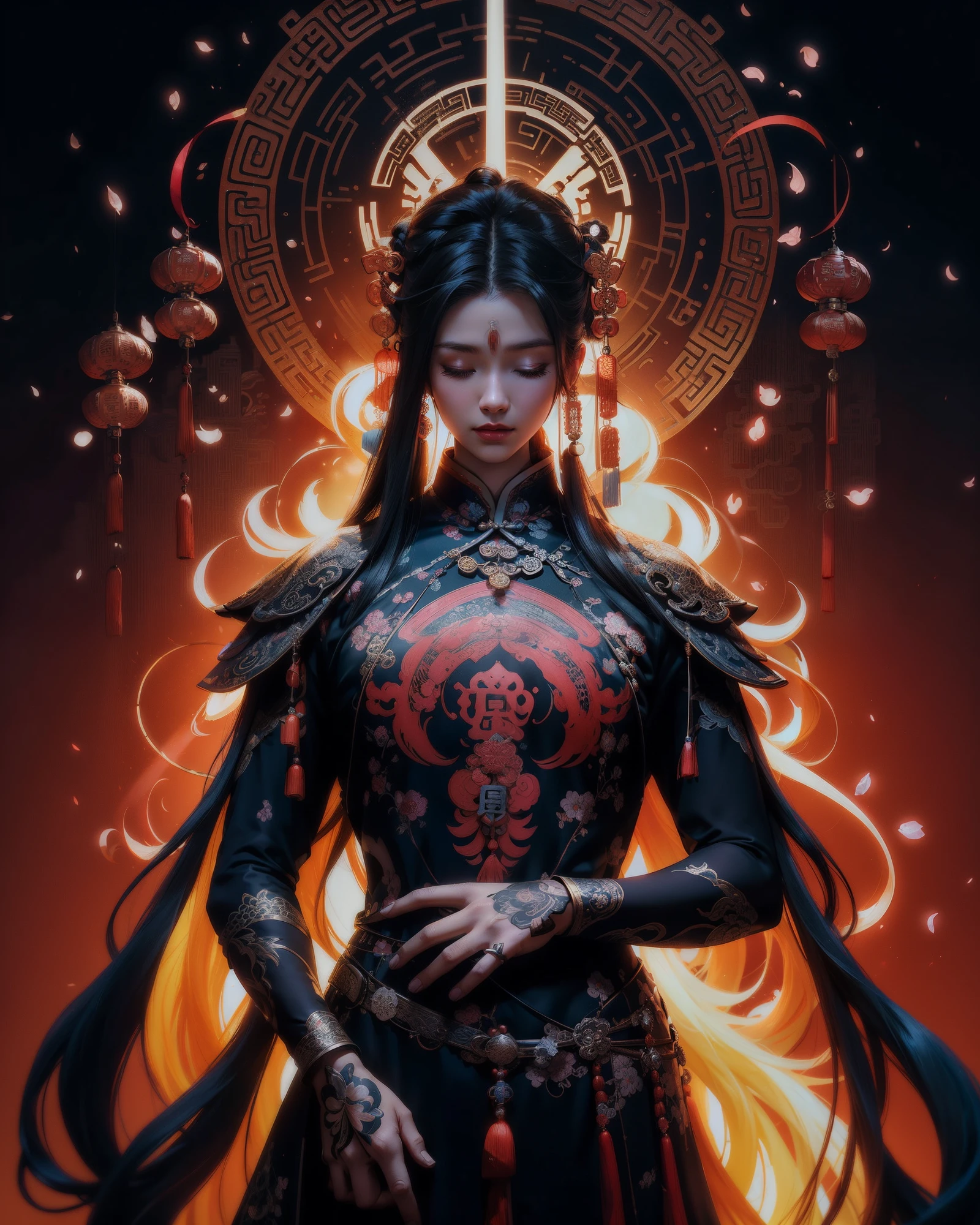 "(White background，Silhouette with closed eyes，Long colorful hair，Oriental elements, The halo)，(Chinese illustration:1.3)，(Reasonable design，Clear lines，High sharpness，Best quality，The is very detailed，Masterpiece grade，movie light effect，4K)"