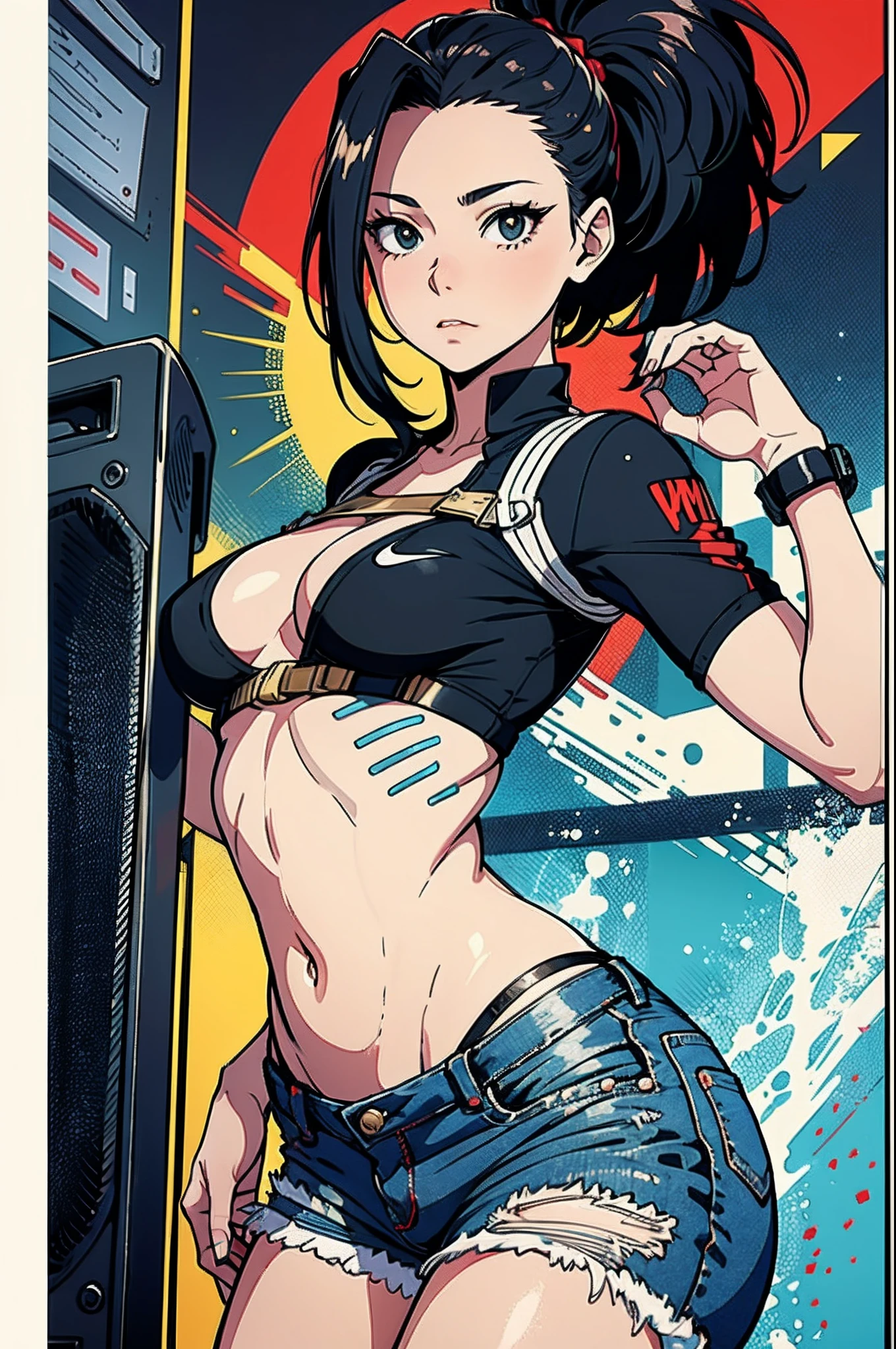 Momo Yaoyorozu, muito sensual, com roupas de funkeira, brasileira, rio de janeiro, dancing funk, rebolando, bunda grande, pernas grossas, usando um short jeans extremamente curto, usando uma mini blusa, umbigo com pirsing, sneakers Nike, cabelo comprido, Speaker behind, corpo inteiro, muito realista, extremamente sexy, 8k, 8k extremamente detalhado), (um extremamente delicado e bonito), (obra-prima), (melhor qualidade: 1.0), (ultra highres:1.0)