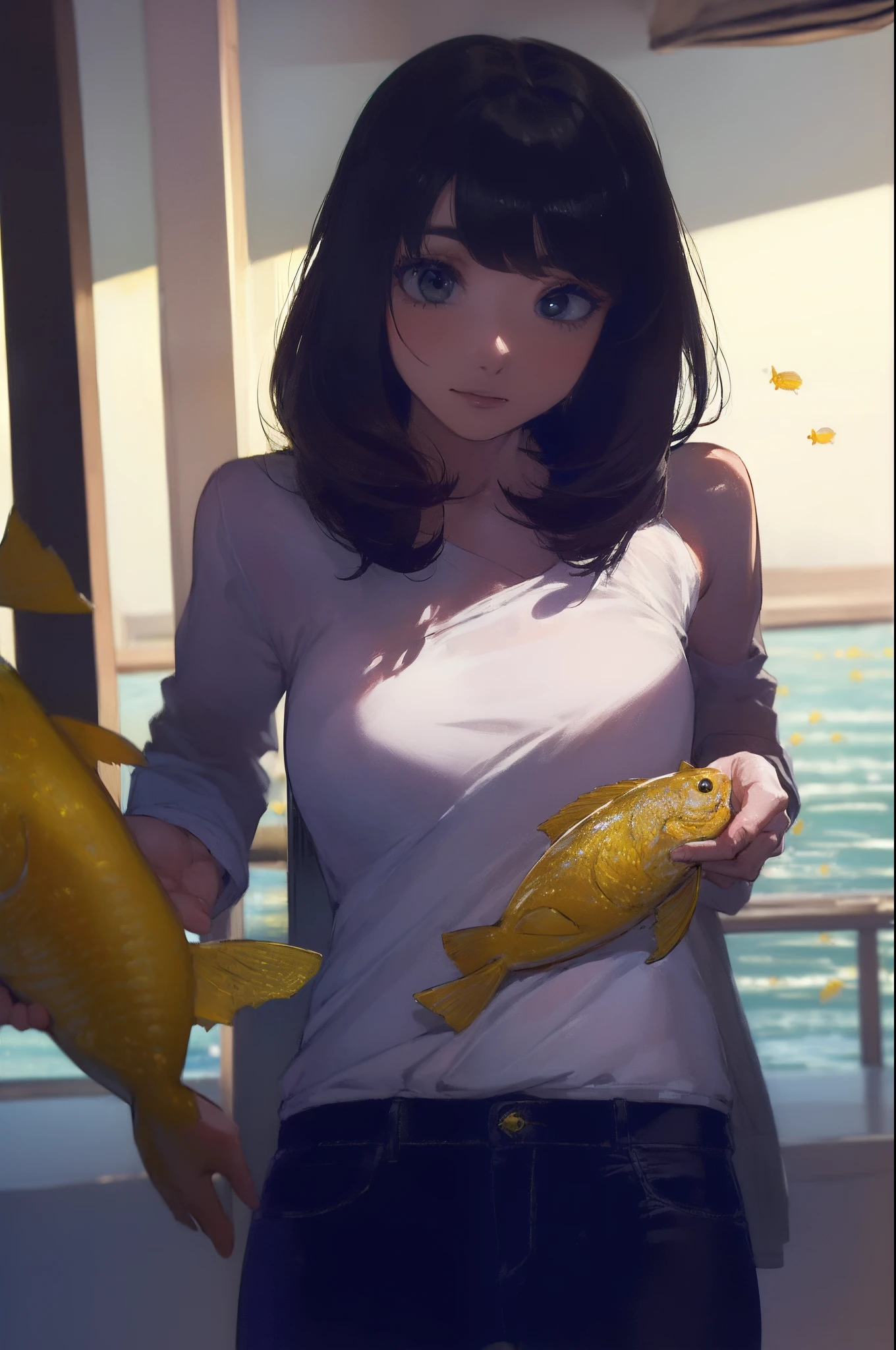((((catching a big fish by the lakeside:1.5)))),((Female 28 years old)),((Best Quality:1.5)),(((Hands with the correct number and structure of fingers:1.4))),((Big fish:1.37)),hight resolution,ultra-detailliert,masterpiece,best qualtiy,(Eight-headed body),Black hair, long eyes-lashes, Solid Circle Eyes, drop shadow, Atmospheric perspective,Super Detail, ccurate, small brest,(Black jacket and black jeans :1.1),top-quality, blurry backround, bokeh dof:1.2, (masterpiece:1.3), Atmospheric perspective,Super Detail,dynamic compositions,
