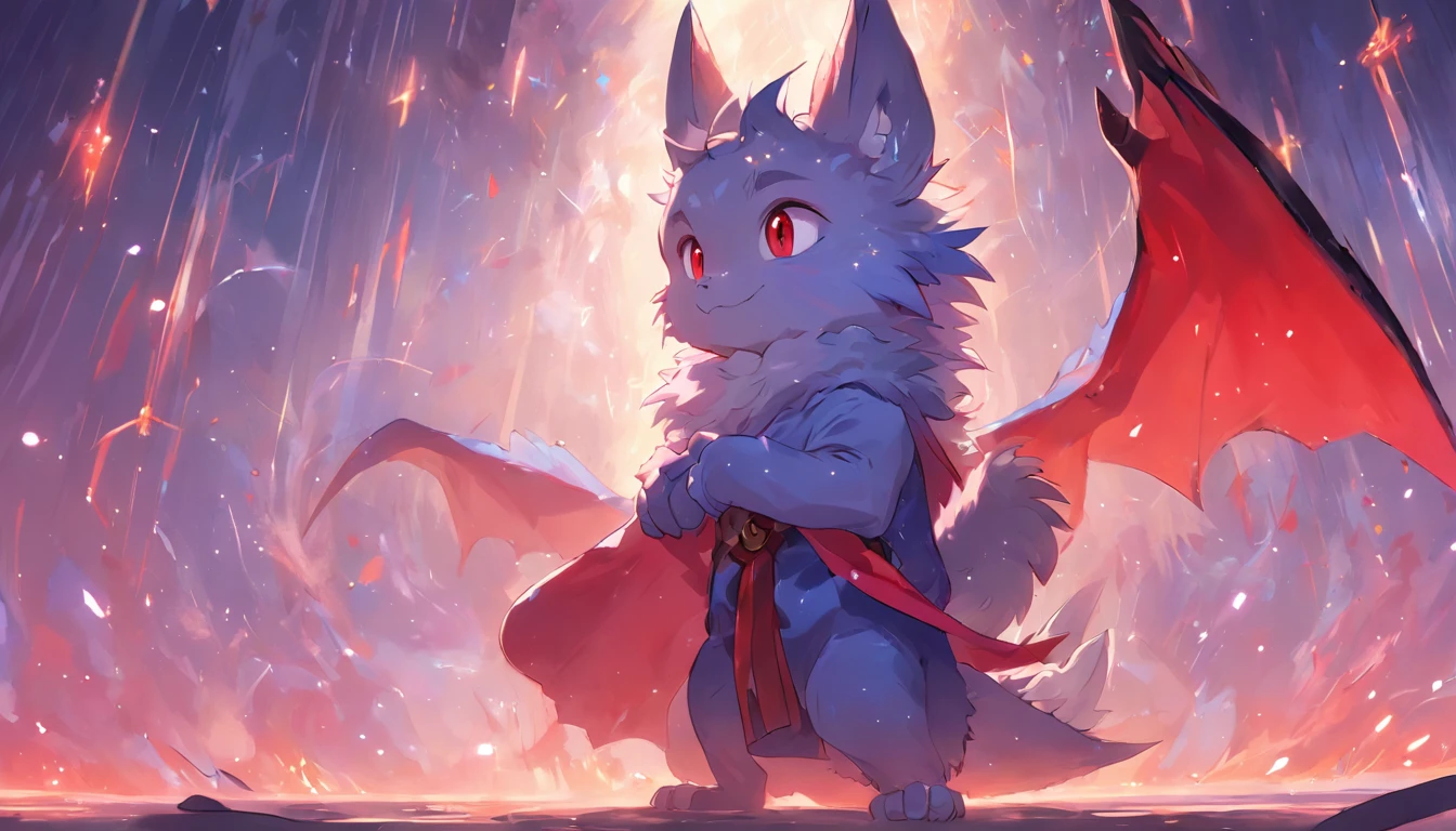 Bright environment, high quality, (toddler, dragon, neutral, animal: 1.4), absurd res, digital painting \ (artwork), (dragon, fluffy fur, character focus: 1.3), short hair, portrait, bright eyes, left eye red, right eye blue, (short dragon horn: 1.3), panorama, (character focus: 1.3). (detailed background: 0.9), solo, furry, furry neutral, neutral focus, standing, (full body fur, furry tail, red and blue fur, red and blue eyes, gray hair: 1.3), (small wings: 1.5), (long canine teeth: 1.0), king, (red cloak: 1.1) (towers of god, blue towers, violet, blue, red, god, red sky, violet sky, starry sky, stars, starry towers, starry god, light blue, civilization, order:1.3), (magic array: 1.5), (magic particles, magic: 1.3), (face details, hand details, foot details, ear details: 1.1), better movements, High cold
