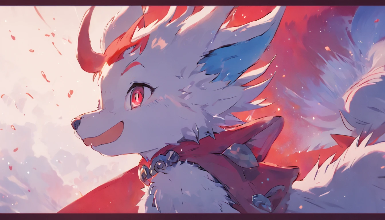 Bright environment, high quality, (toddler, dragon, neutral, animal: 1.4), absurd res, digital painting \ (artwork), (dragon, fluffy fur, character focus: 1.3), short hair, portrait, bright eyes, left eye red, right eye blue, (short dragon horn: 1.3), panorama, (character focus: 1.3). (detailed background: 0.9), solo, furry, furry neutral, neutral focus, standing, (full body fur, furry tail, red and blue fur, red and blue eyes, gray hair: 1.3), (small wings: 1.5), (long canine teeth: 1.0), king, (red cloak: 1.1) (towers of god, blue towers, violet, blue, red, god, red sky, violet sky, starry sky, stars, starry towers, starry god, light blue, civilization, order:1.3), (magic array: 1.5), (magic particles, magic: 1.3), (face details, hand details, foot details, ear details: 1.1), better movements, High cold