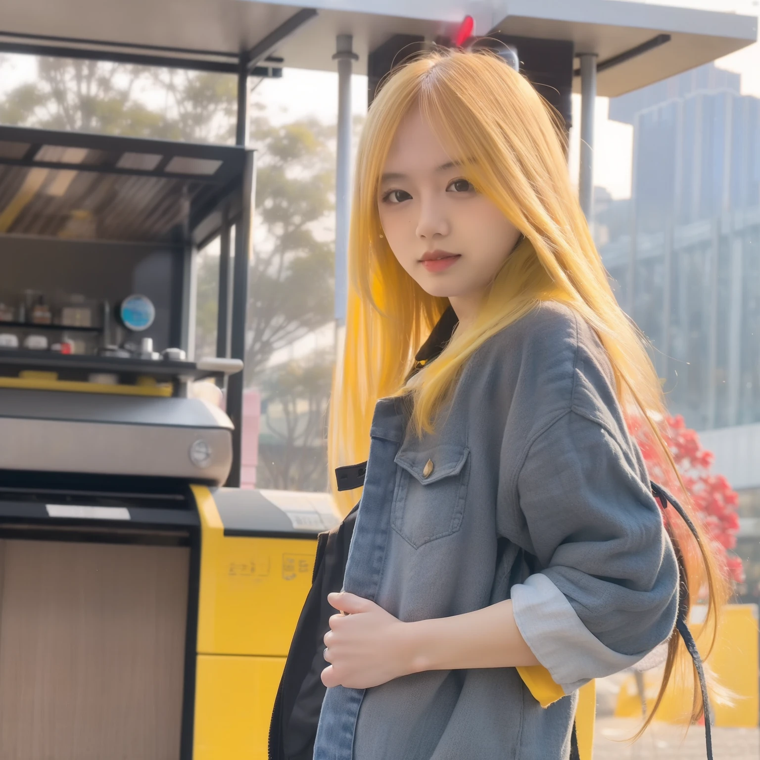 Maximalism,Park kiosk,Wear clean and tidy clothes,Woman with long yellow hair,Clock,self-shot,Background bokeh