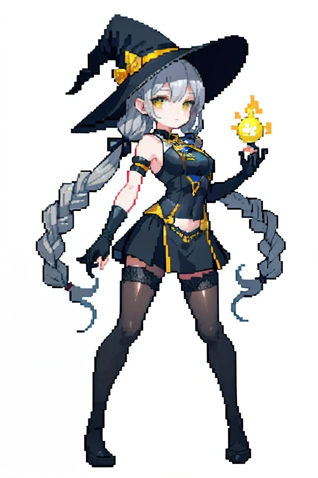 (masterpiece、top-quality、top-quality)、pixels、Pixel art、Loose gray hair braided twin tails、Yellow eyes、One girl、Witch Hat、Obscene black bondage full-body tights costume with a lot of exposure、full body Esbian、large boob