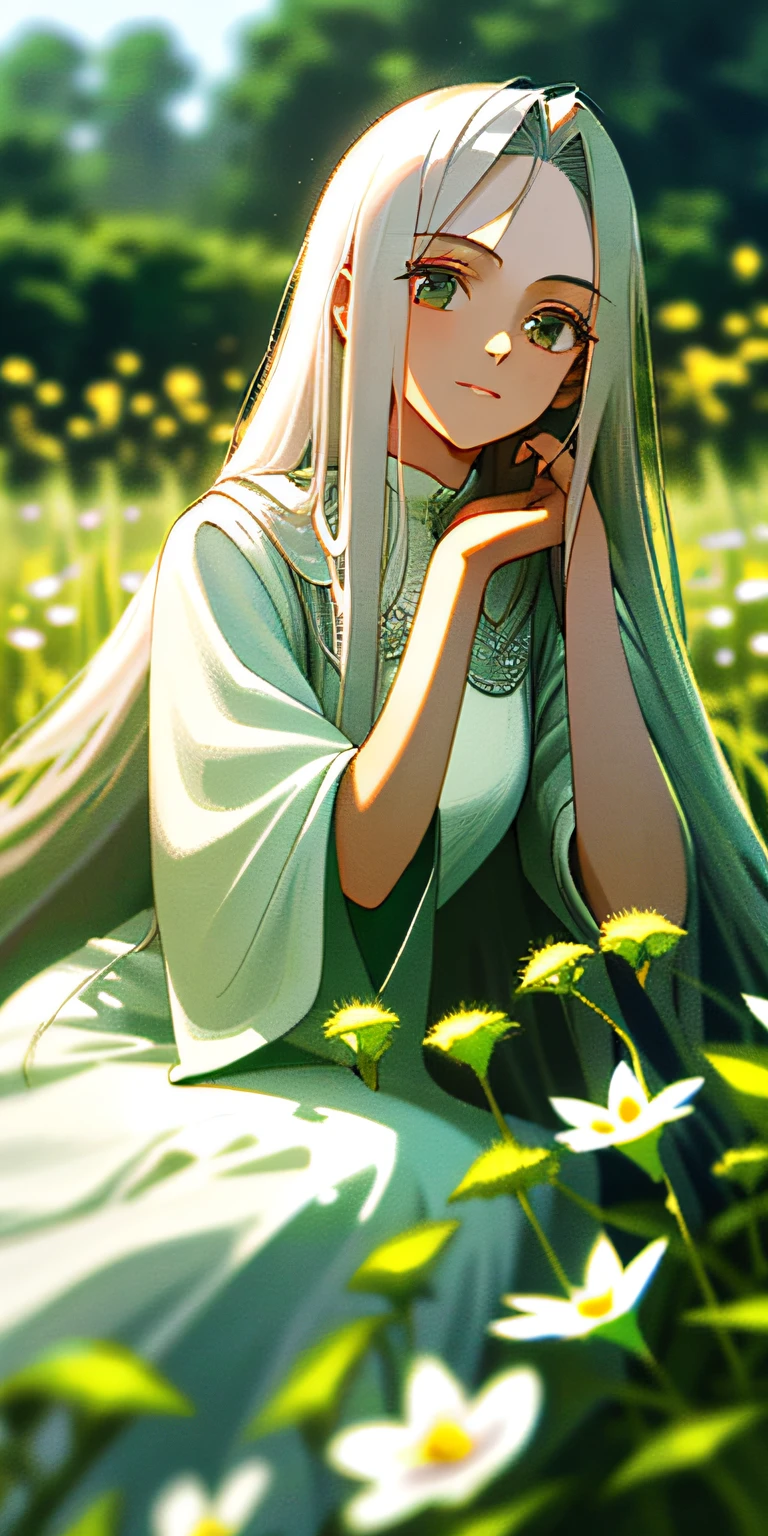 (masterpiece, best quality),1girl with long white hair sitting in a field of green plants and flowers, her hand under her chin, warm lighting, white dress, blurry foreground