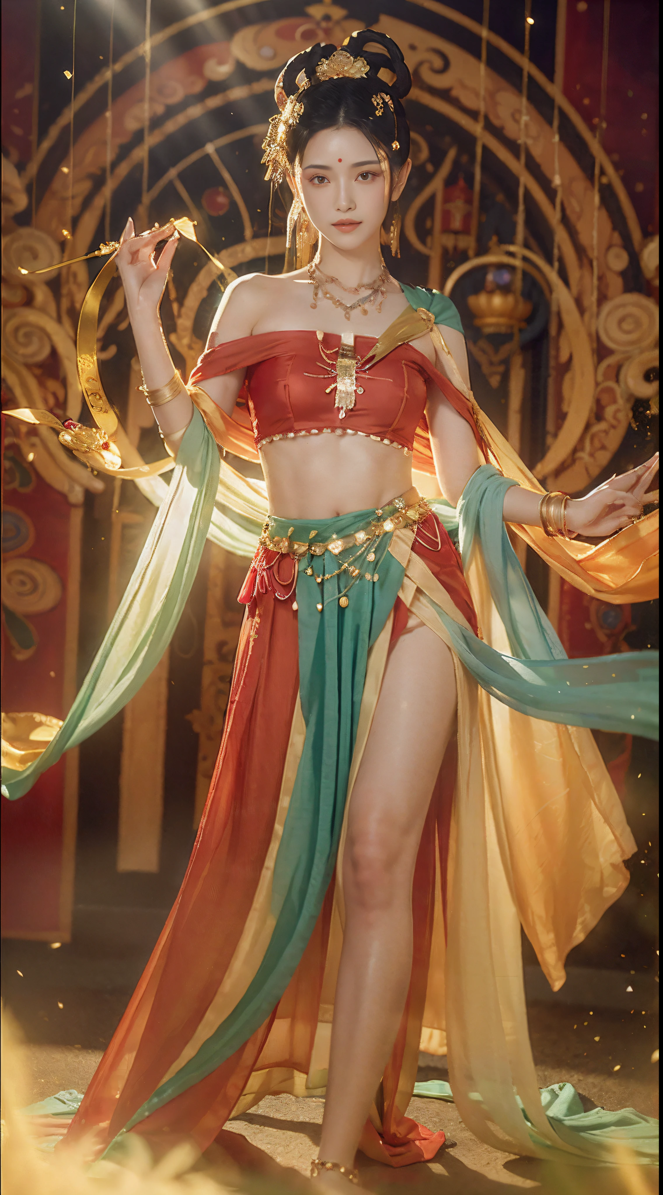 (8k, RAW Photo, Best Quality, Masterpiece: 1.2), (Realistic, Photo Real: 1.4), (Very Detailed CG Unity 8k Wallpaper), (1 Girl), dance, dunhuang_dress, dunhuang_style, dunhuang_background, One arm up, one hand forward, gold ornaments, ancient Chinese hairstyle, tulle, streamers, light makeup, eyeshadow, eyebrow mole, (face), dynamic pose, background smoke surrounding, red and green color scheme, flower petals flying, details, jewelry, earrings, bracelets, shoulders, complex textures, full body portrait,