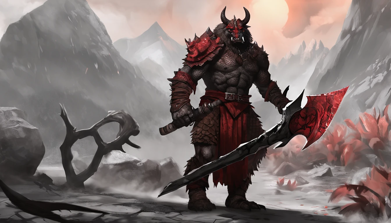"powerful and fierce red-scaled dragonborn barbarian with black markings, wielding a massive greataxe"