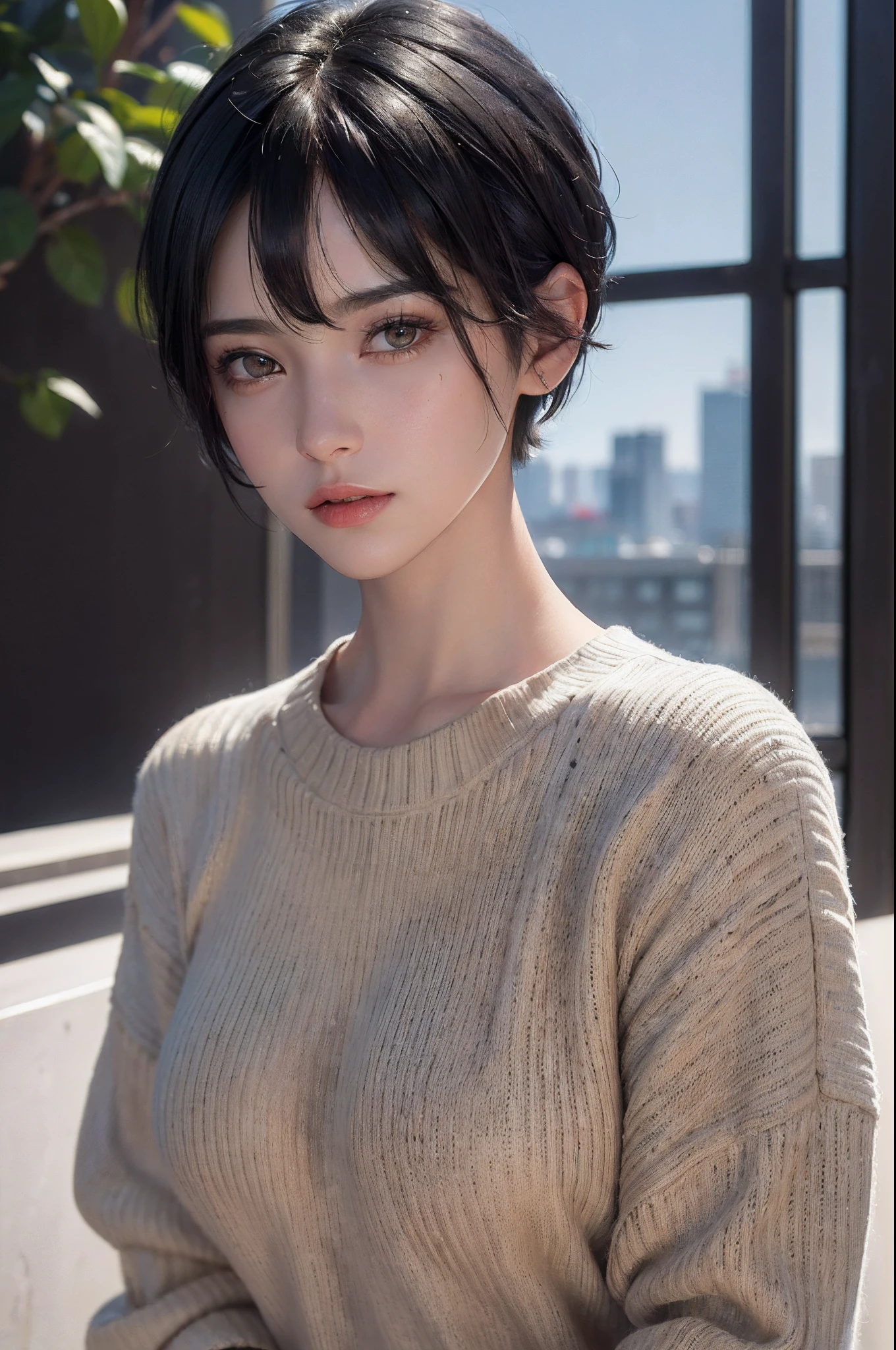 (masterpiece:1.3), (8k, photorealistic, RAW photo, best quality: 1.4), (1girl), beautiful face, (realistic face), (black hair, short hair:1.3), beautiful hairstyle, realistic eyes, beautiful detailed eyes, (realistic skin), beautiful skin, (sweater), absurdres, attractive, ultra high res, ultra realistic, highly detailed, golden ratio