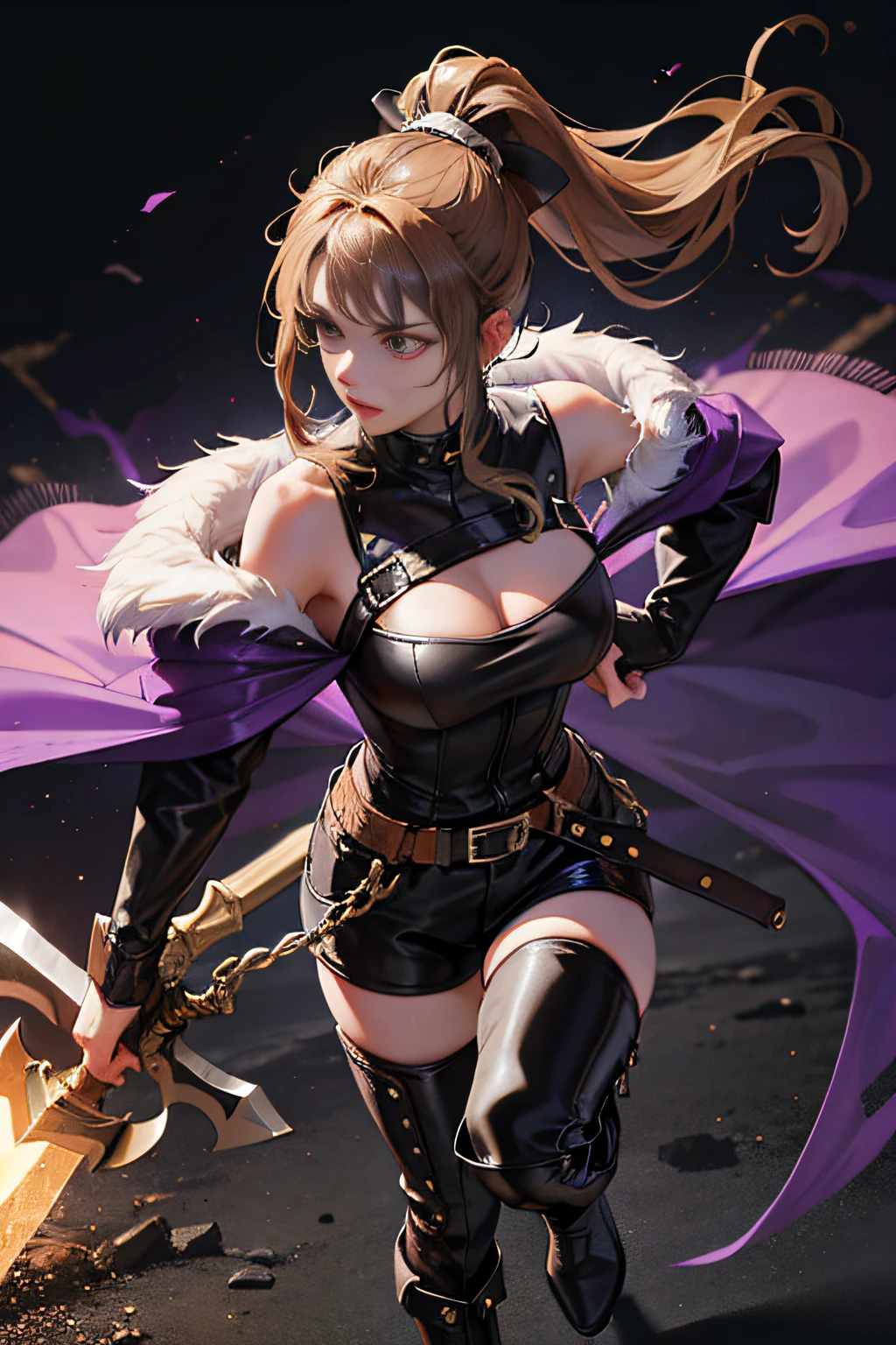 garota, , cabelo loiro escuro com rabo de cavalo, Capa de ombro com pelo no topo, leather pants, botas abaixo do joelho, camisa escura, olhos roxos claros, standing and holding an axe.