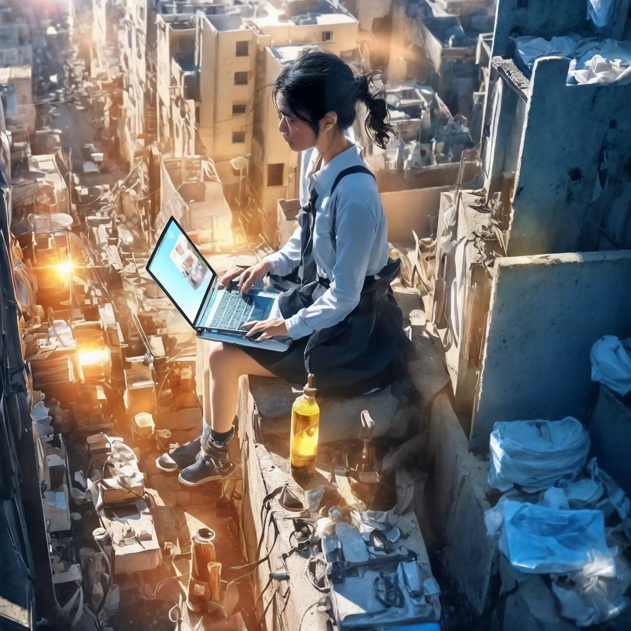 extremely detailed photo、Japan 13-year-old girl operating a laptop on the roof of a building in Akihabara, tokyo prefecture、There is the city of Akihabara illuminated by the morning sun、City in the morning fog、The morning sun illuminates her white shirt、Her dark eyes stare at the laptop、To her left is water in a plastic bottle、With a plastic bottle that reflects sunlight and glows、She had black hair tied behind her head.、Her black hair is illuminated by sunlight、Reflecting her laptop illuminated by the sun's rays、She operated the laptop and、、、、、、、、She was talking to an AI agent.、Hope in the morning sun、She stares at her laptop with positive hope、She sits on the outdoor unit of the air conditioner on the roof of the building、with electric wire、with telephone pole、There are detailed buildings illuminated by sunlight、(credibly_absurderes,Huge_filesize:1.37),(​masterpiece:1.37),(top-quality:1.37),(realisitic,Photorealsitic:1.2),Ray traching,Realistic lighting,(illuminations,Glow),((film grains:1.37)),(Exquisite details and textures:1.2),(8K分辨率:1.2),(ultra -detail:1.2),(Sharp Focus 1.2),(Raw photography:1.0),(Beautiful Detail Face、Beautiful Detail Eye、 radiant eyes、long eyeslashes、blush of the nose:1.2)、((((perfect anatomia))))、1girl in、独奏、a beauty girl、(Neat hairstyles)、High class、(A slender:1.37)、(cute  face)、(Natural glowing skin:1)、(Detailed natural skin、detailed skin textures、Detailed black hair、Random Hair Styles)、Facial light、(ciinematic light)