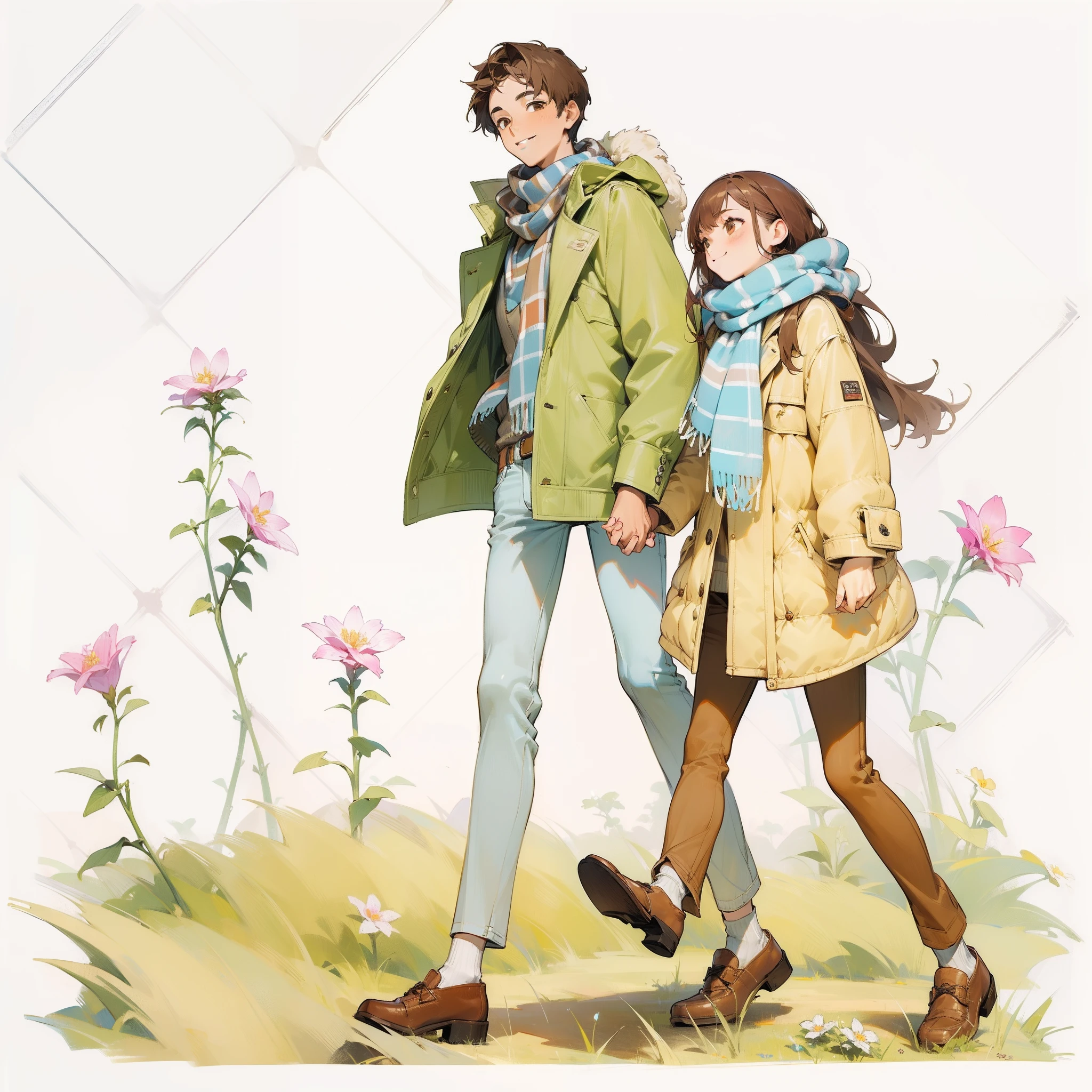 (masterpiece:1.5), highlydetailed, ultra-detailed, (bestquality), 1boy, 1girl, brown eyes, brown footwear, brown hair, couple, flower, hetero, holding hands, interlocked fingers, jacket, jeans, long hair, pants, plaid scarf, scarf, shared scarf, shirt, shoes, smile, striped, striped scarf, sweater