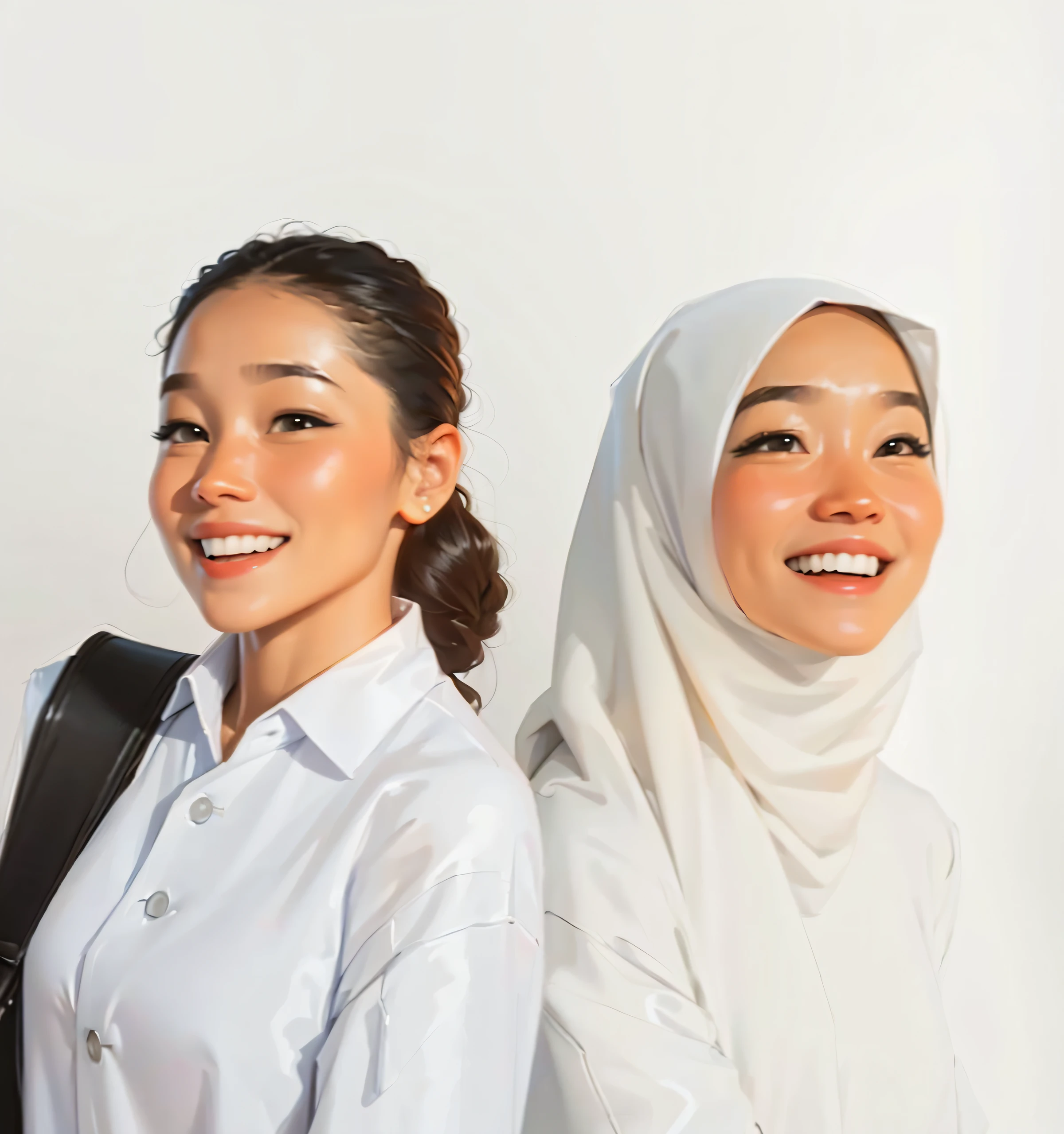 ((Best Quality, 8K, Masterpiece: 1.3)), three women in white shirts and black backpacks standing next to each other, white hijab, wearing white cloths, wearing white clothes, full view blank background, on the white background, asian human, muslim, with a orientalist smileful face, in front of white back drop, south east asian with round face, in white room, with a white background