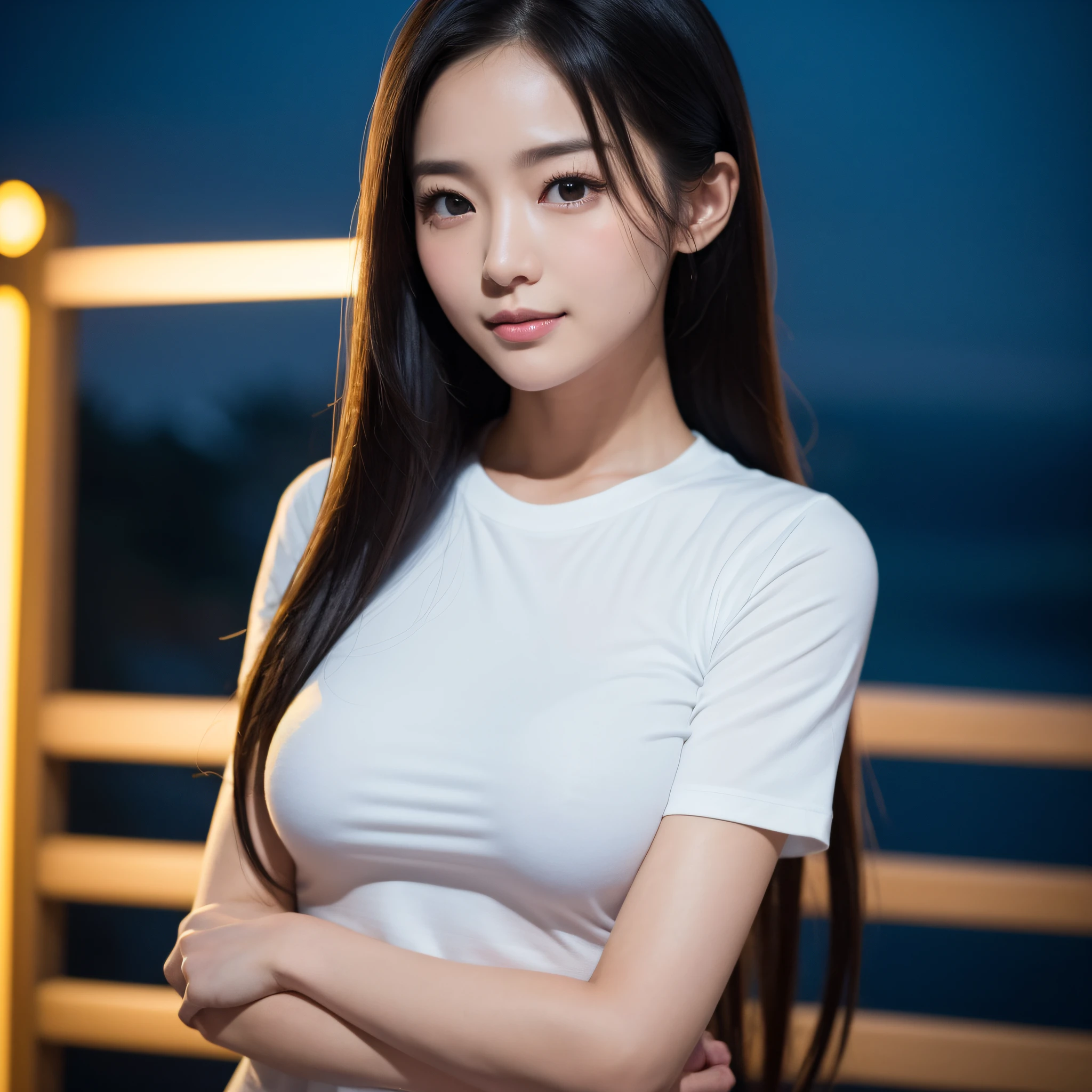 One lady、((best qualtiy、8k masterpieces:1.3))、foco nítido:1.2、(ultra beautiful faces:1.0)、(shinny skin:1.0)、photos realistic、A dark-haired、Video Lighting、High-definition eyes and face、Video Lighting、(Korean Cute Actress)、from the front side、medium breasts、(ssmile:1.2)、Slender Abs Beauty、Whole body、wearing t-shirts、in tokyo at night