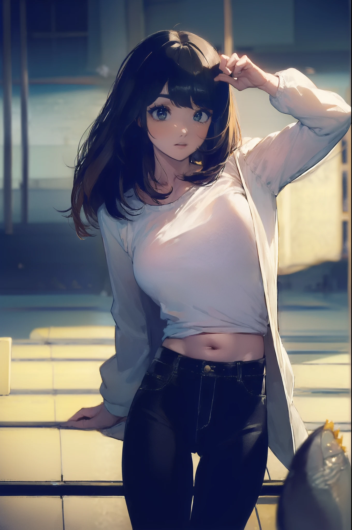 ((((catching a big fish by the lakeside:1.5)))),((Female 28 years old)),((Best Quality:1.5)),(((Hands with the correct number and structure of fingers:1.4))),((Big fish:1.37)),hight resolution,ultra-detailliert,​masterpiece,best qualtiy,(Eight-headed body),Black hair, long eyes-lashes, Solid Circle Eyes, drop shadow, Atmospheric perspective,Super Detail, ccurate, small brest,(Black jacket and black jeans :1.1),top-quality, blurry backround, bokeh dof:1.2, (​masterpiece:1.3),  Atmospheric perspective,Super Detail,dynamic compositions,