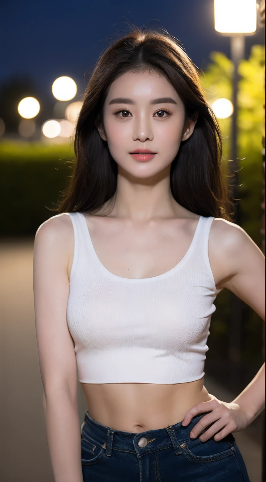 ((Realistic lighting, Best quality, 8K, Masterpiece: 1.3)), Clear focus: 1.2, 1girl, Perfect beauty: 1.4, Slim abs: 1.1, ((Dark brown hair)), (White crop top: 1.4), (Outdoor, Night: 1.1), Park view, Super fine face, Fine eyes, Double eyelids,