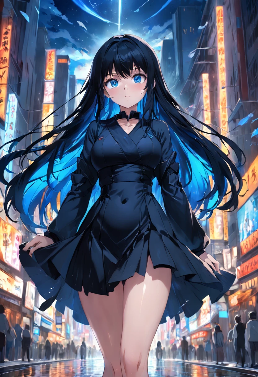 (((Clean, Masterpiece, Best quality, highly detailed, Professional, HD,HDR,UHD,16K))), 1young_woman, (solo), mature and sexy, big breasts, black long hair, straight hair, bangs, expressive eyes, (blue eyes:1.5), (black clothing:1.5)