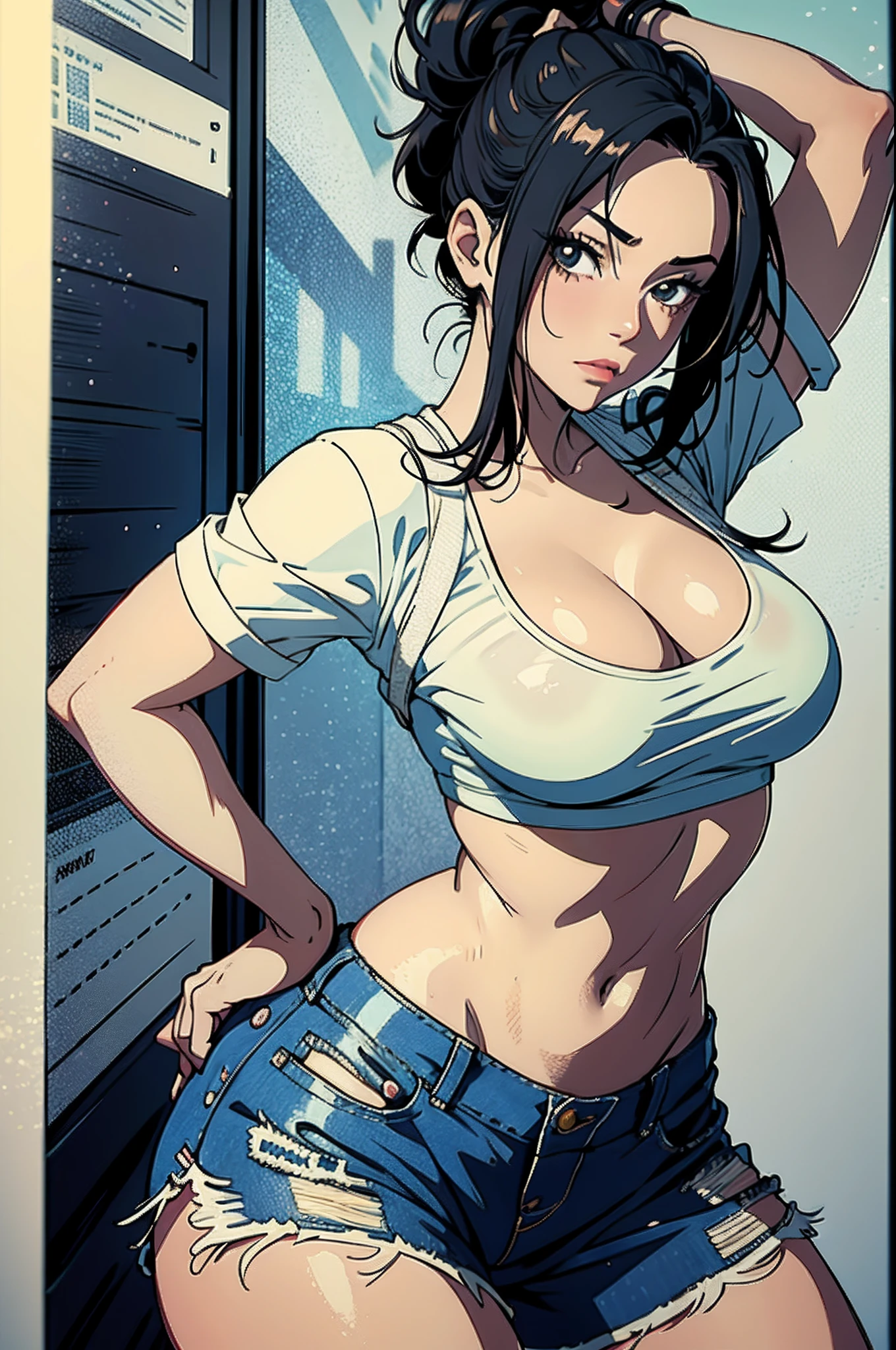 Momo Yaoyorozu, muito sensual, com roupas de funkeira, brasileira, rio de janeiro, dancing funk, rebolando, bunda grande, pernas grossas, usando um short jeans extremamente curto, usando uma mini blusa, umbigo com pirsing, sneakers Nike, cabelo comprido, Speaker behind, corpo inteiro, muito realista, extremamente sexy, 8k, 8k extremamente detalhado), (um extremamente delicado e bonito), (obra-prima), (melhor qualidade: 1.0), (ultra highres:1.0)