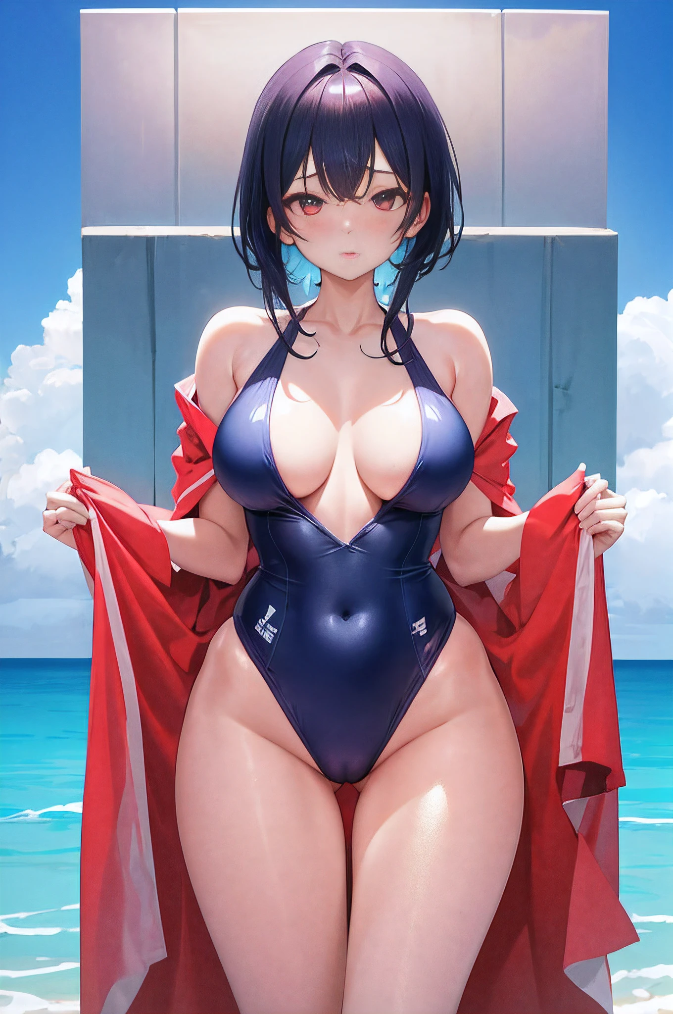 Woman in swimsuit alone in summer pool、Her swimsuit is so sexy、Her skin is not very hidden、Pull up your hair、Looking here、Emphasis on the chest、large full breasts、high-level image quality、8K,masutepiece, Best Quality, Detailed, 8K, 4K, hight resolution, Detailed beautiful eyes,Upper body,