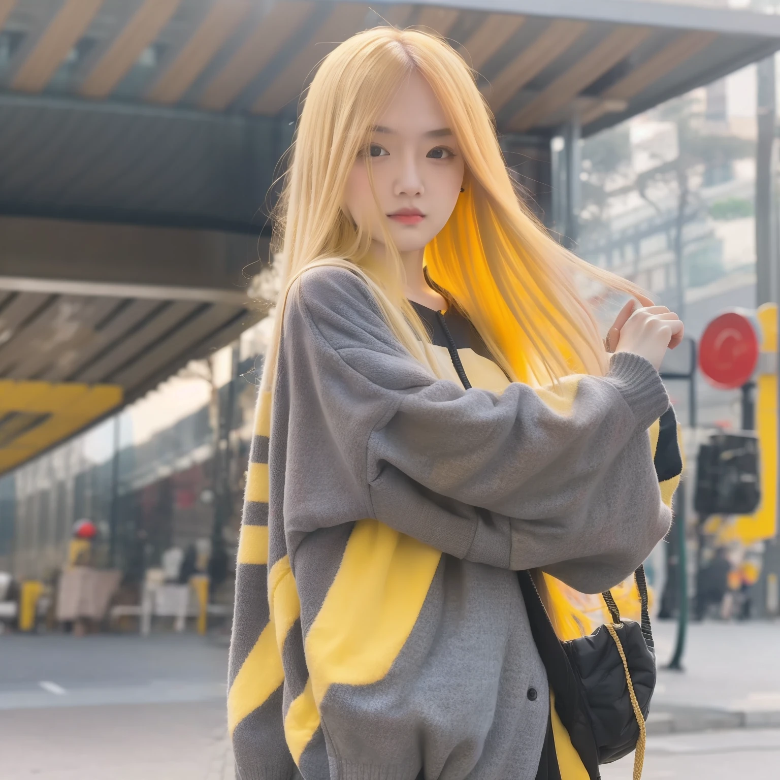 Maximalism，Park Pavilion，Wear clean and tidy clothes，Woman with long yellow hair，clock，self-shot，Background bokeh