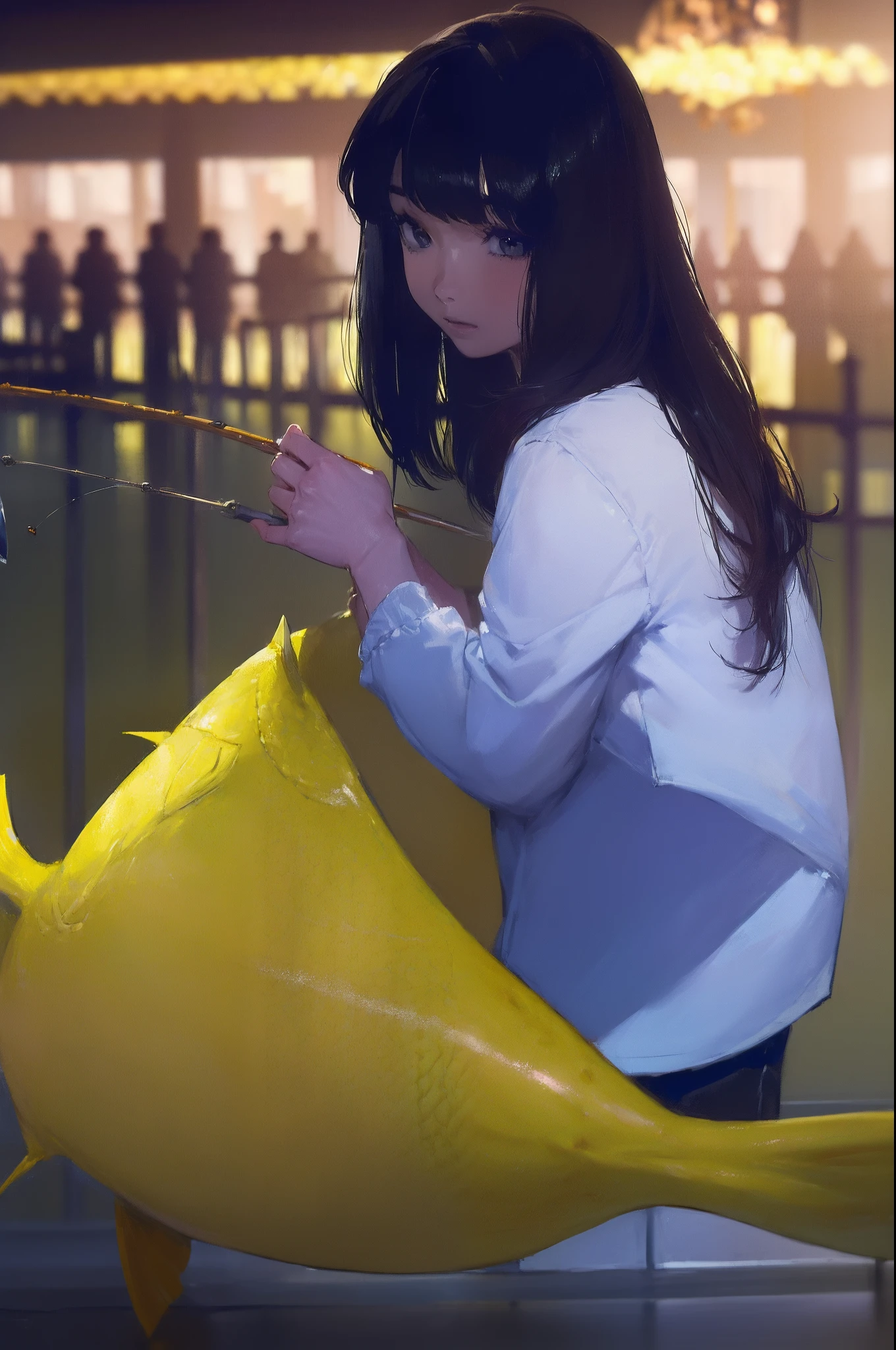 ((((catching a big fish by the lakeside:1.5)))),((Female 28 years old)),((Best Quality:1.5)),(((Hands with the correct number and structure of fingers:1.4))),((Big fish:1.37)),hight resolution,ultra-detailliert,masterpiece,best qualtiy,(Eight-headed body),Black hair, long eyes-lashes, Solid Circle Eyes, drop shadow, Atmospheric perspective,Super Detail, ccurate, small brest,(Black jacket and black jeans :1.1),top-quality, blurry backround, bokeh dof:1.2, (masterpiece:1.3), Atmospheric perspective,Super Detail,dynamic compositions,