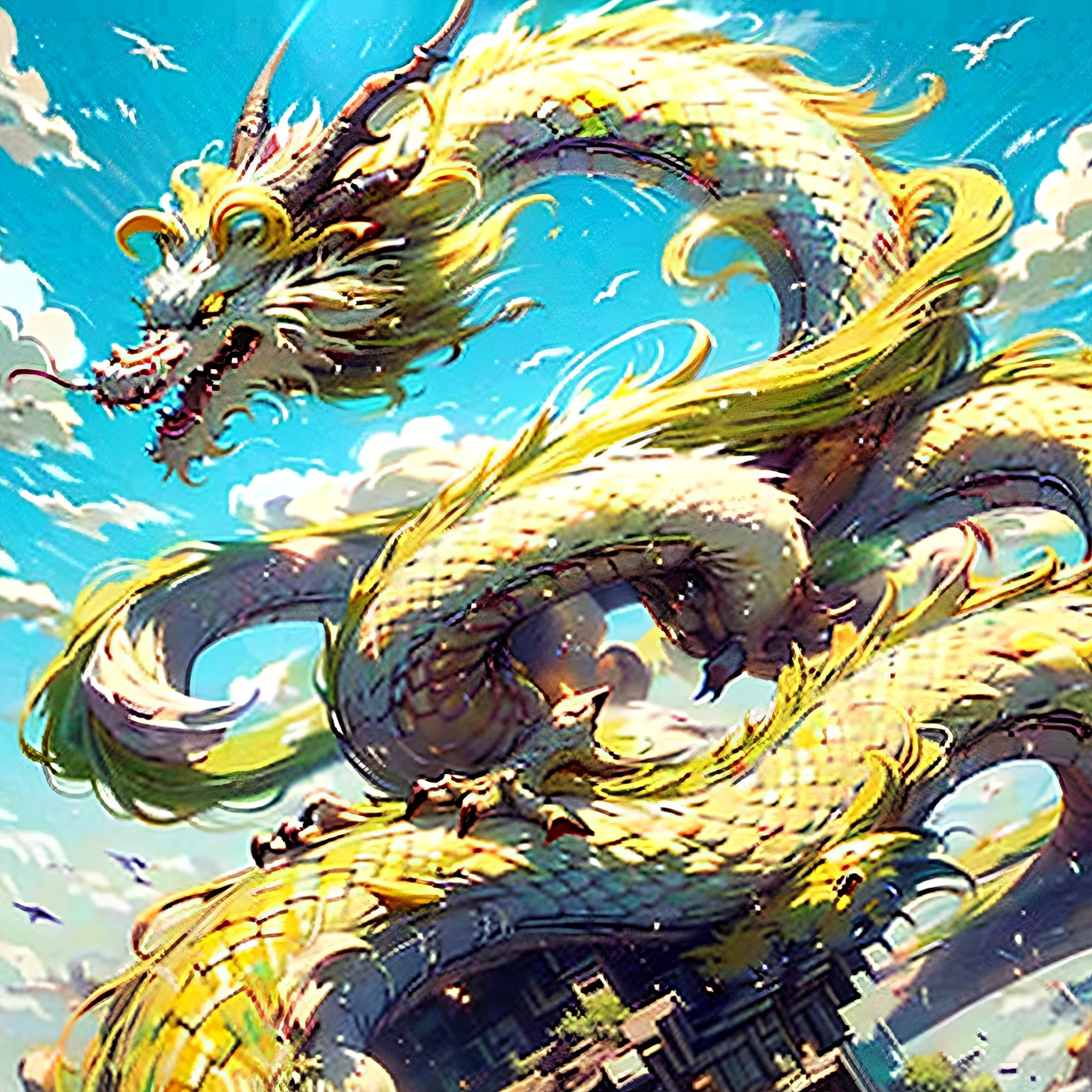 Best quality,masterpiece,ultra high res,nu no humans, (long:1.2),sky, yellow eyes, cloud, scales, eastern dragon, open mouth, sharp teeth, flying, horns, teeth, day, claws, fangs, blue sky
