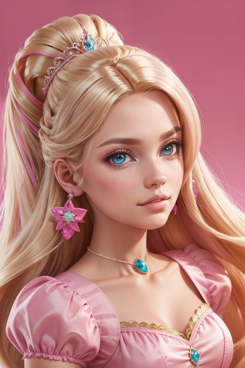 (Barbie pink background)),barbiecore,A princess,cabellos largos dorados,Kizi,delicated face