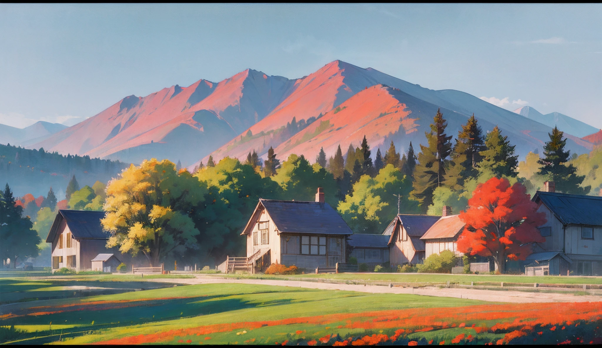 a beautiful cinematic scenery of a village landscape, transitioning through the four seasons from summer to autumn to winter to spring, widescreen 16:9 aspect ratio --auto --s2