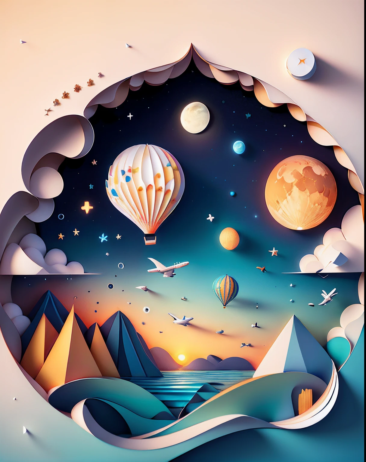 add "2023Diary" title using artistic font, realistic, airplane, Softlight,(warm color:1.2),Water color painting,light background,best quality exquisite details,3d rendering,Octane render,pastel, Moon, river, storm, ultra high quality,(paper_cut:1.15) (:nature:) (hopeful feeling)