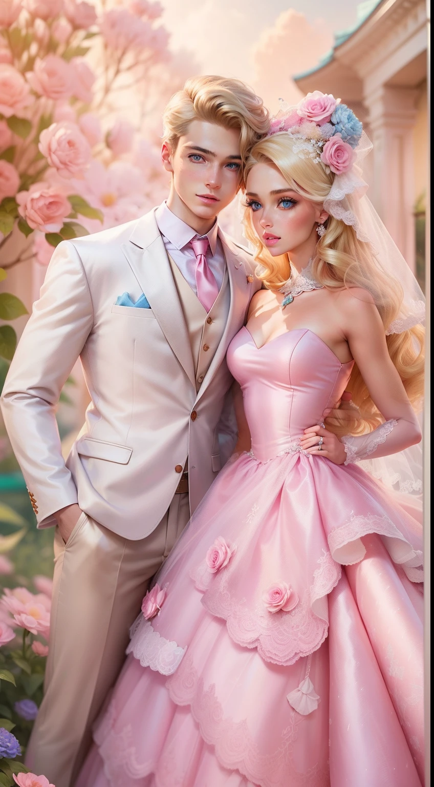 1girl, 1boy, "Vibrant and captivating Barbie wedding portrait with impeccable detail, Capture her elegance and charm in high-resolution CG artwork. Radiant hair，Flawless, The doll features stylish clothing, stunning blue eyes, Perfect style (Blonde hair:1.2). Soft lighting accentuates her beauty, And a flash adds a touch of magic. Set against a fantastic background，Full of pastel colors and delicate flowers, The composition creates a whimsical and captivating atmosphere." (the boy wearing pink suit, happy)