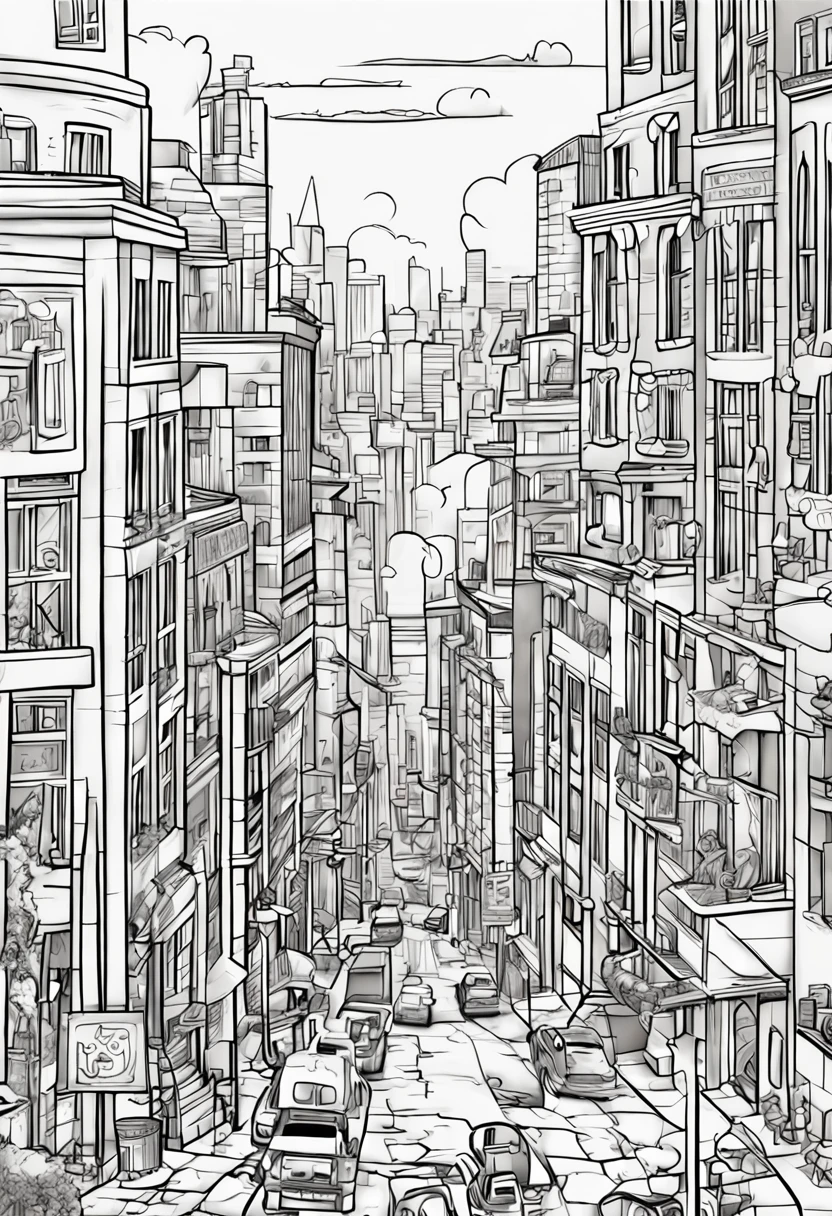 Lori Animation,  Brilliant City,Beautiful line art, Black and white cartoon style, Cartoon styled, Cartoon art style, Pencil and ink drawing, black and white coloring