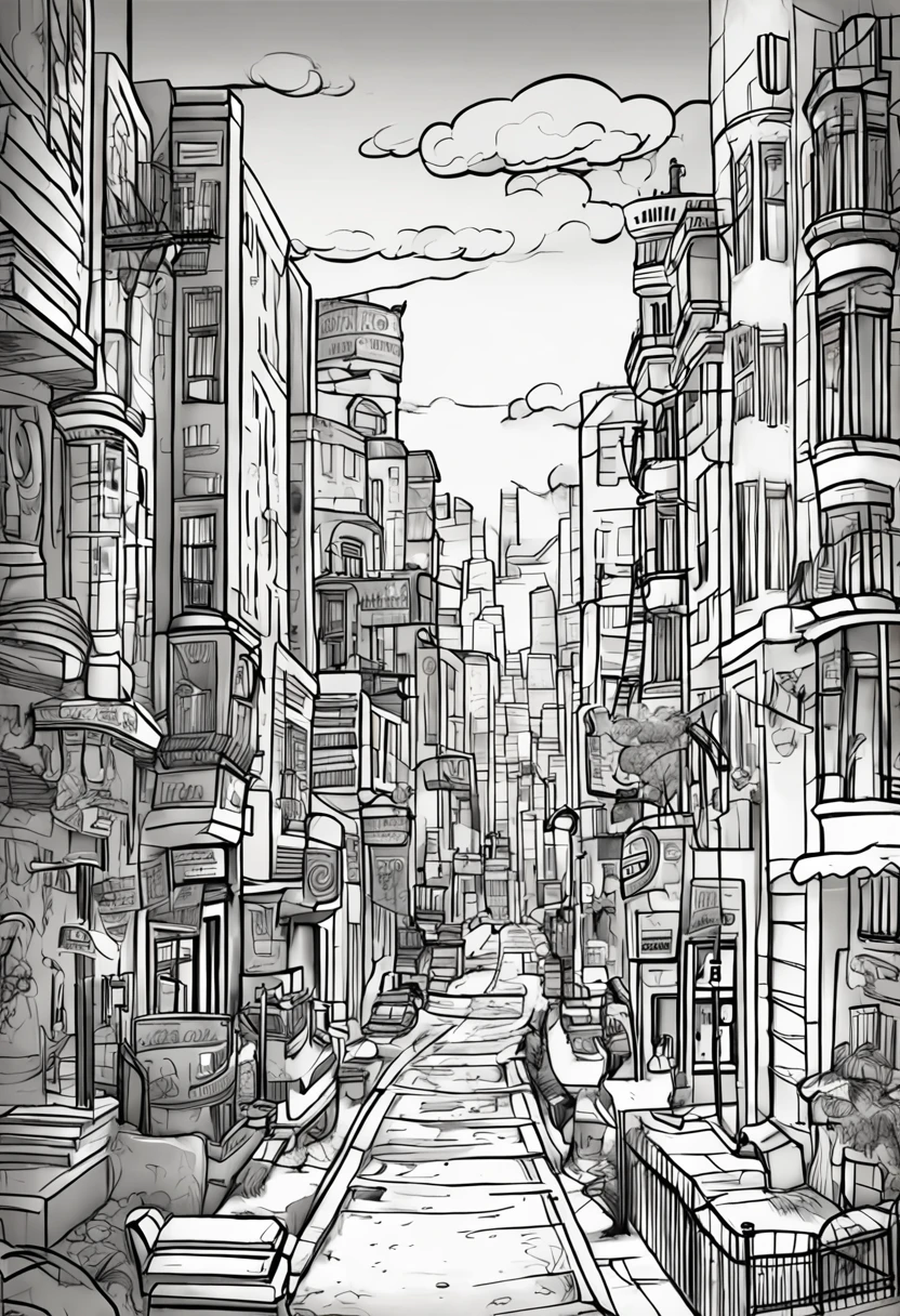 Lori Animation,  Brilliant City,Beautiful line art, Black and white cartoon style, Cartoon styled, Cartoon art style, Pencil and ink drawing, black and white coloring
