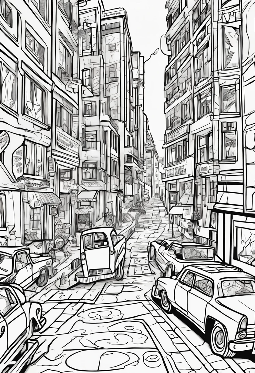 Lori Animation,  Brilliant City,Beautiful line art, Black and white cartoon style, Cartoon styled, Cartoon art style, Pencil and ink drawing, black and white coloring