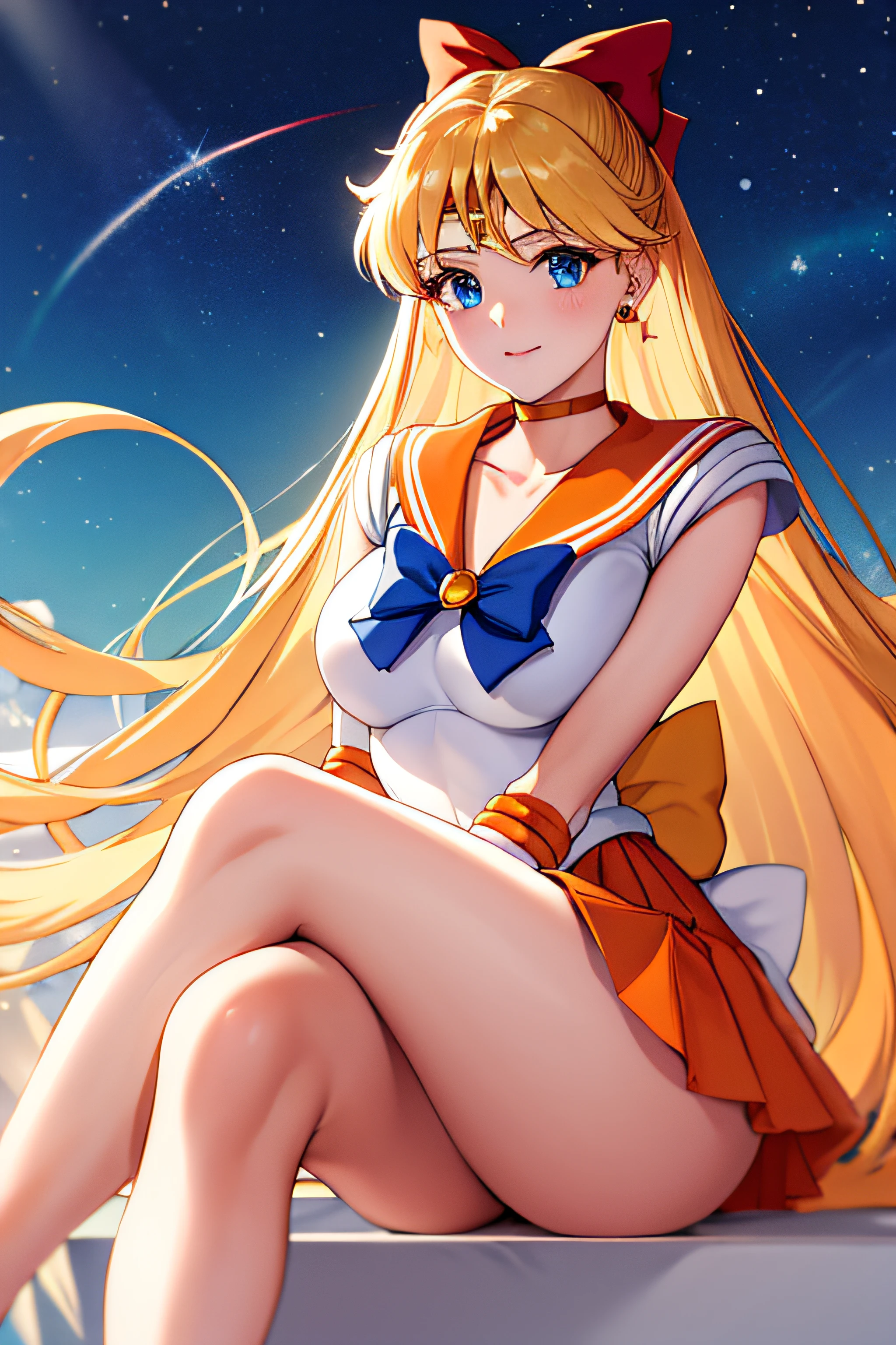masterpiece, best quality, highres, venus1, 1girl, solo, sailor senshi uniform, sailor venus, aino minako, blonde hair, magical girl, blue eyes, orange skirt, elbow gloves, tiara, pleated skirt, hair bow, orange sailor collar, miniskirt, choker, red bow, orange choker, white gloves, very long hair, jewelry, earrings, sitting, crossed legs,