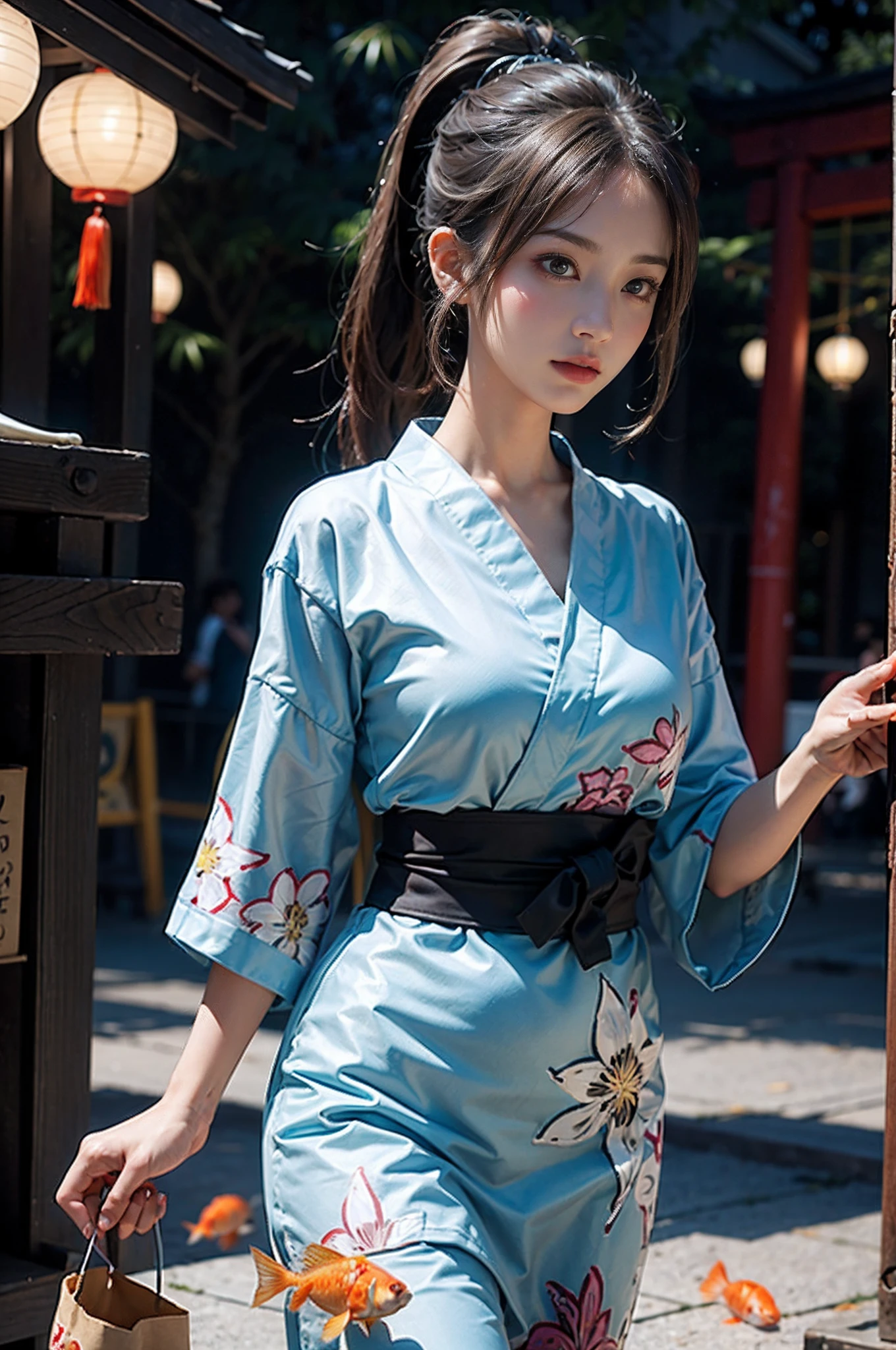 电影灯光,(((tmasterpiece))), ((best qualtiy)), ((intricate and detailed)), ((Ultra-realistic realism)), 4K,1beautiful woman, 25-years old, poneyTail,Ultra-fine yukata,A slender,large full breasts,having a good time, Large fishbowl , Swirling flocks of goldfish, Floating goldfish, Graphic illustration, see fishes swimming,A lot of goldfish, amazing depth, Cutest, Lots of fish balls,Goldfish scooping at a summer festival, (The background is the summer festival of the shrine:1.4), Silver hair, split ponytail, star-shaped pupils, conceptual art, Art Nouveau, Glowing light, nffsw, Textured skin, masutepiece, Anatomically correct, Best Quality, 8K,(((Perfect Anatomy))),perfect hand,Perfect fingers,
