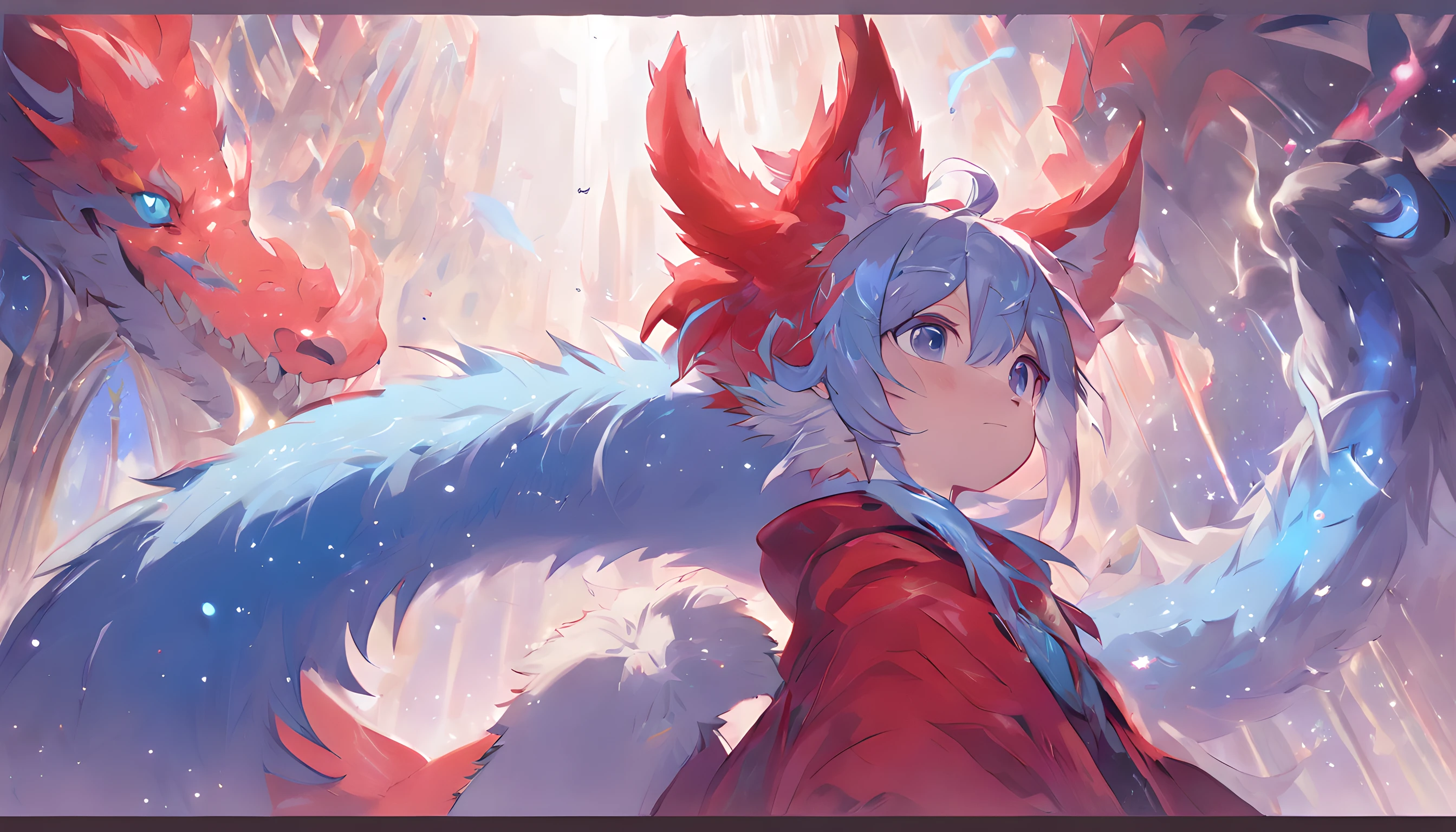 Bright environment, high quality, (toddler, dragon, neutral, animal: 1.4), absurd res, digital painting \ (artwork), (dragon, fluffy fur, character focus: 1.3), short hair, portrait, bright eyes, left eye red, right eye blue, (short dragon horn: 1.3), panorama, (character focus: 1.3). (detailed background: 0.9), solo, furry, furry neutral, neutral focus, standing, (full body fur, furry tail, red and blue fur, red and blue eyes, gray hair: 1.3), (small wings: 1.5), (long canine teeth: 1.0), king, (red cloak: 1.1) (towers of god, blue towers, violet, blue, red, god, red sky, violet sky, starry sky, stars, starry towers, starry god, light blue, civilization, order:1.3), (magic array: 1.5), (magic particles, magic: 1.3), (face details, hand details, foot details, ear details: 1.1), better movements, High cold