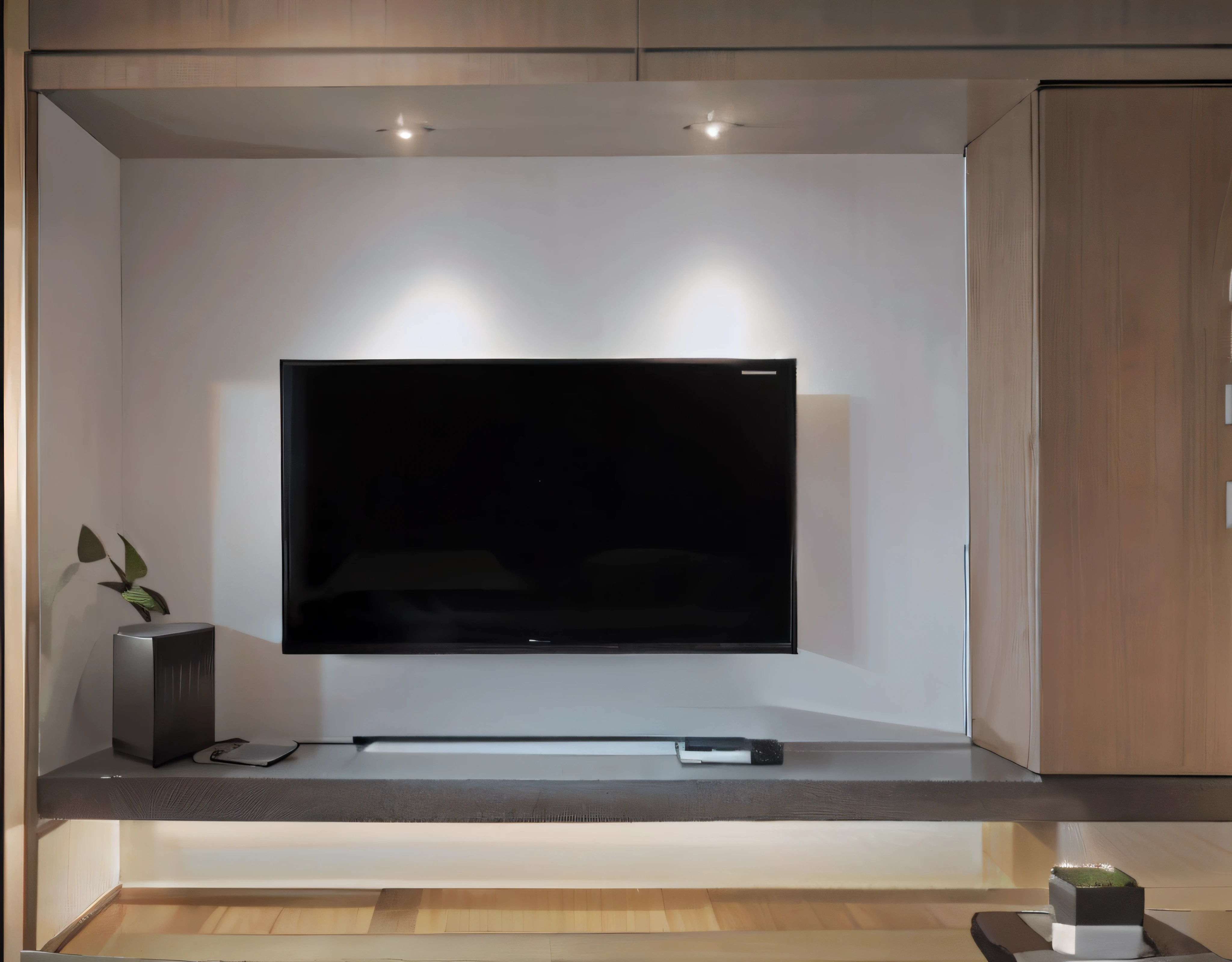 The TV is installed on the wall of the room, 4 k'' ], 4K], TV frame, cinematic accent lighting, modern minimal design, oled lights in corners, tv still frame, placed in a large living room, modern japanese living room, TV stills from 4K, soft lighting 8k resolution, soft lighting 8 k resolution, 4K. High quality --auto