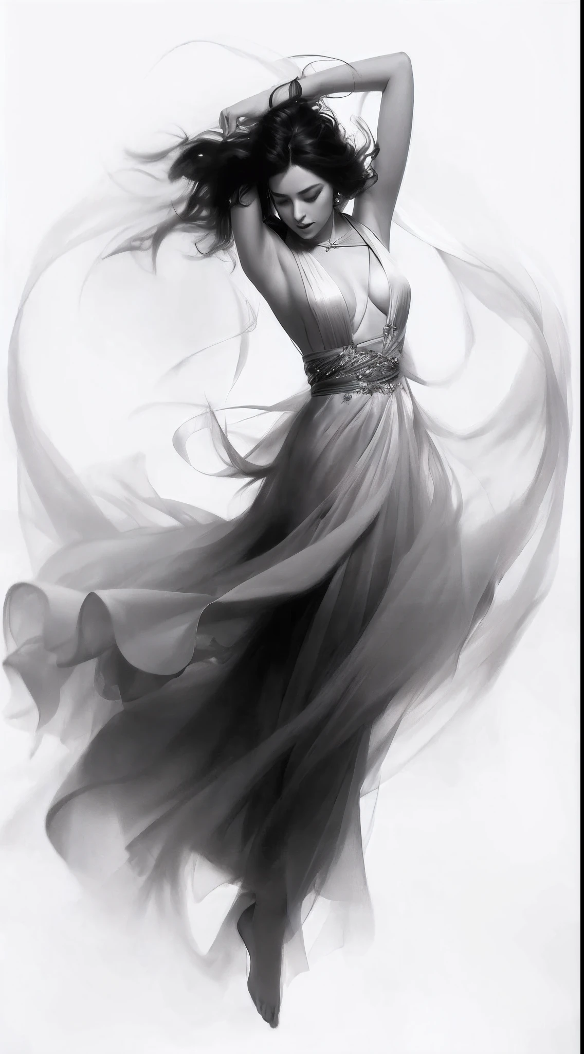 A woman in a long dress is blowing her hair and dancing, floating dress, beautiful flowing fabric, draped in flowing fabric, style of raymond swanland, charlie bowater character art, flowinggown, Flowing fabric, realskin,Glossy glossy skin,Realistic color photos,hyper HD,8k