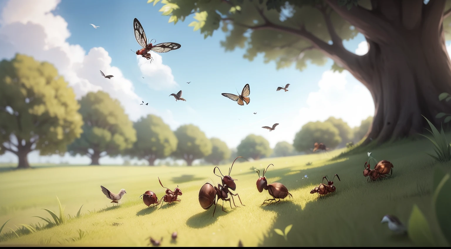 ((ants and doves ))together,in a grassy area near a tree,