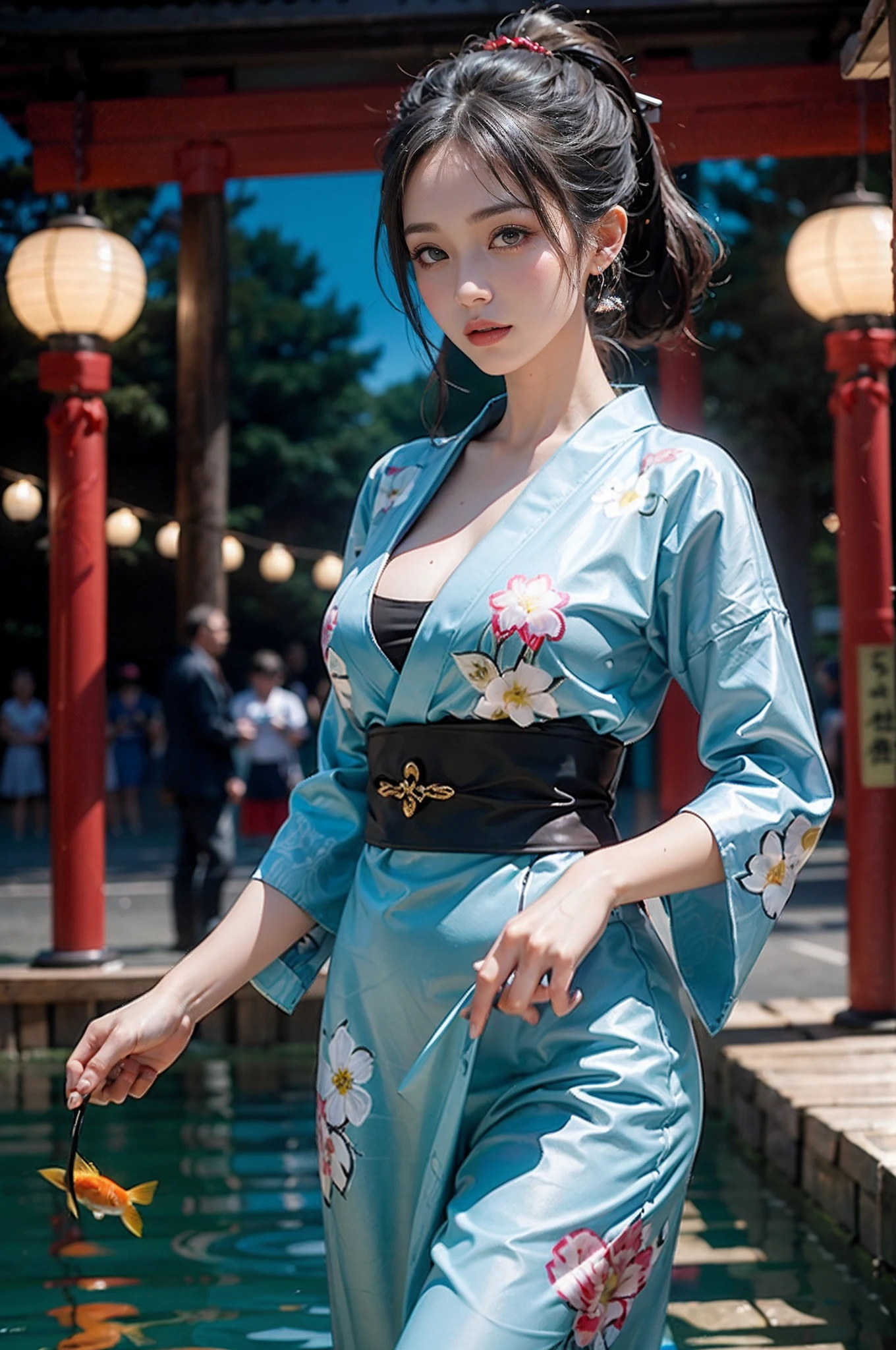 电影灯光，(((tmasterpiece))), ((best qualtiy)), ((intricate and detailed)), ((Ultra-realistic realism)), 4K,1beautiful woman, 25-years old, poneyTail,Ultra-fine yukata,A slender,large full breasts,having a good time, Large fishbowl , Swirling flocks of goldfish, Floating goldfish, Graphic illustration, see fishes swimming,A lot of goldfish, amazing depth, Cutest, Lots of fish balls,Goldfish scooping at a summer festival, (The background is the summer festival of the shrine:1.4), Silver hair, split ponytail, star-shaped pupils, conceptual art, Art Nouveau, Glowing light, nffsw, Textured skin, masutepiece, Anatomically correct, Best Quality, 8K,(((Perfect Anatomy))),perfect hand,Perfect fingers,