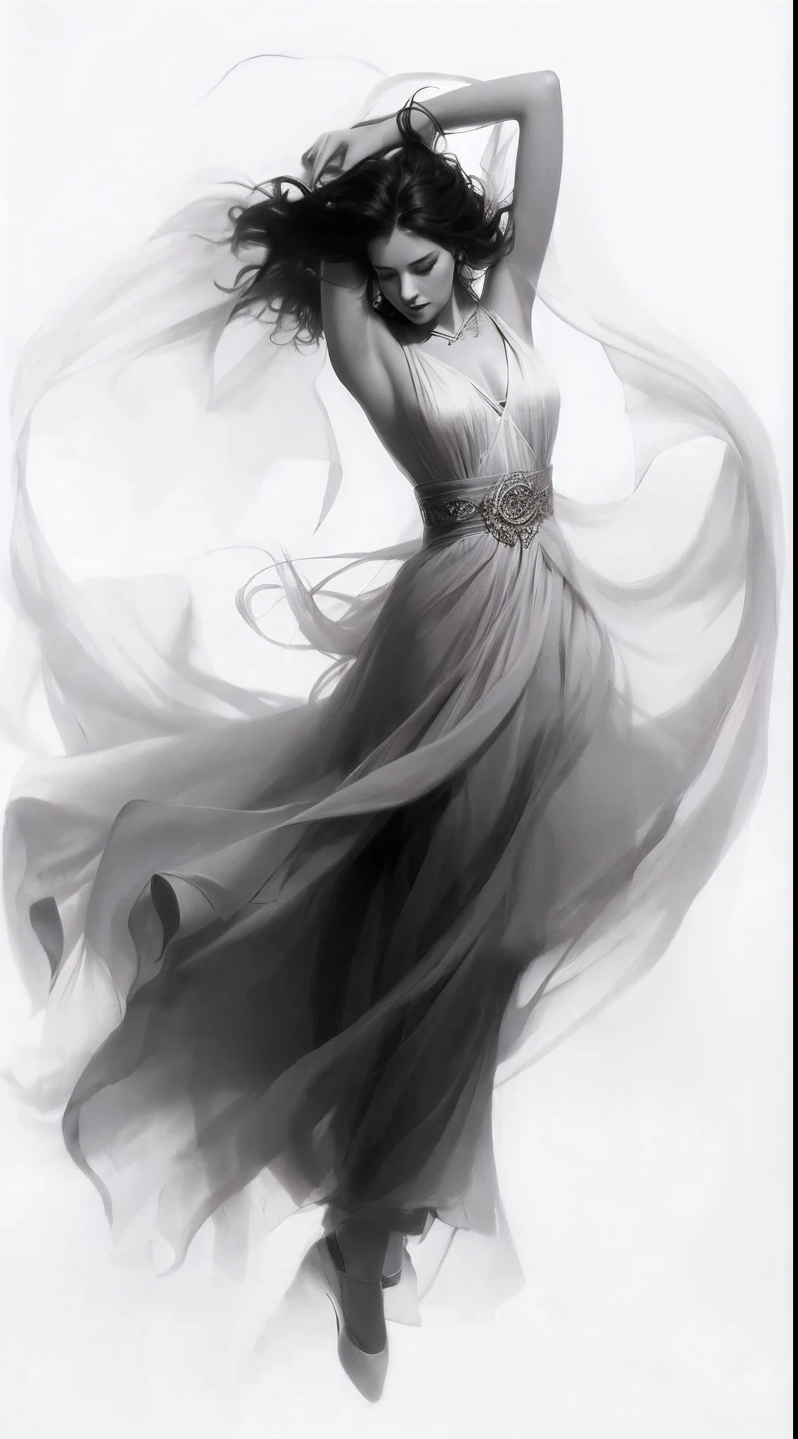 A woman in a long dress is blowing her hair and dancing, floating dress, beautiful flowing fabric, draped in flowing fabric, style of raymond swanland, charlie bowater character art, flowinggown, Flowing fabric, realskin,Glossy glossy skin,Realistic color photos,hyper HD,8k