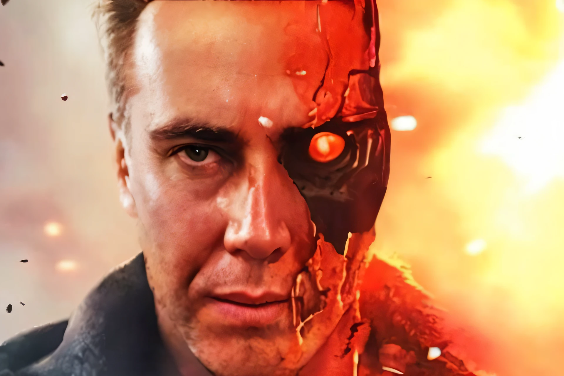 A closeup of a man with a bloodied face and a red mask, Nicolas Cage como um androide, Danny DeVito como O Exterminador do Futuro, ciborgue Joe Biden, Retrato do Exterminador do Futuro, Exterminador sem carne, Arte do Exterminador do Futuro, Com o rosto de Nicholas Cage, Elon Musk como um ciborgue, Donald Trump como um ciborgue, Terminador, evil artificial intelligence, estilo cartoon 8k, estilo realista cyberpunk, estilo anime mixed with fujifilm
