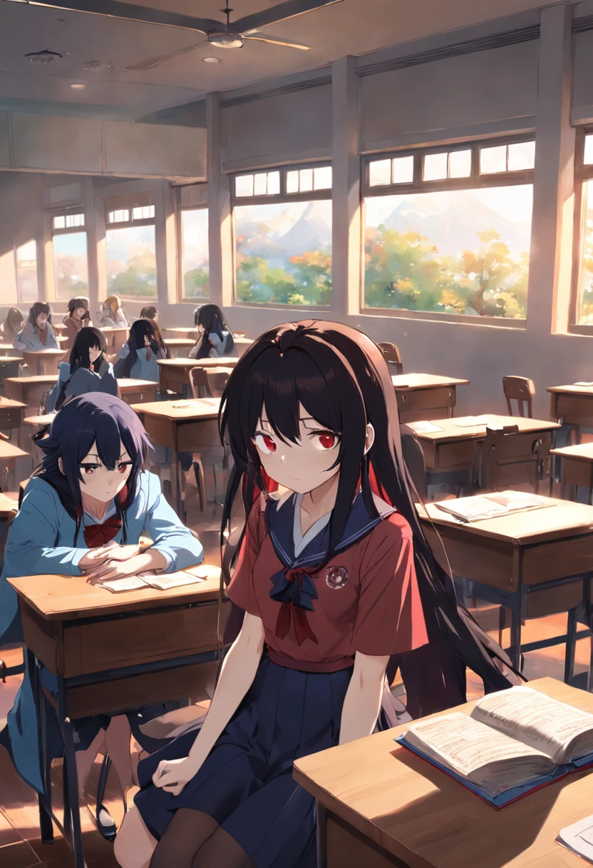 Anime girl with long black and red hair in class,The money in his hand crawled on the table and fell asleep,At the same table sits an anime boy with short black hair,Two high school students placed a stack of books in front of them,If it's a teacher,Sit in a window seat,The sun is shining outside the window