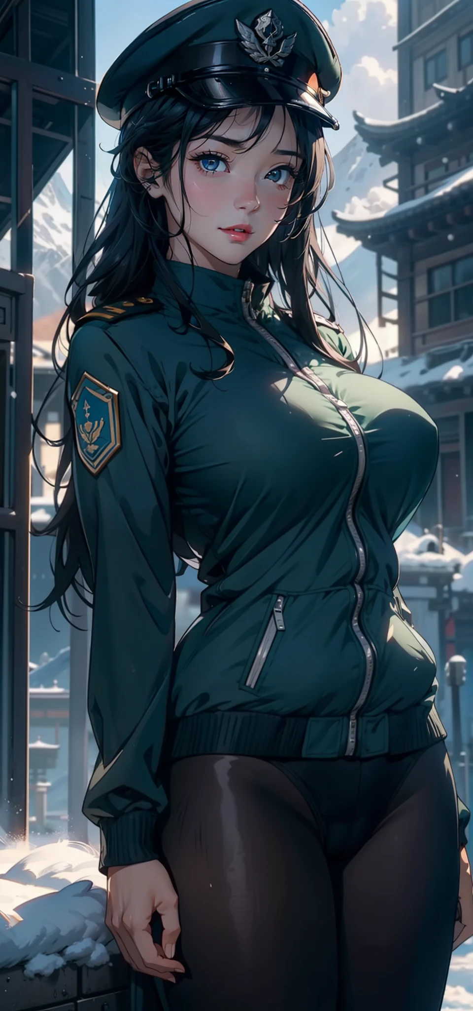 1female,35yo,A MILF,mature,plumw,extremely large bosom, 独奏,(Background with:aerodrome,Planes,snow mountains,at winter season,Snow on the ground,exteriors,) She has long black hair,Stand on the plane,,seen from the front, hair straight, mostly cloudy sky,(((tmasterpiece),(Very detailed CG unity 8K wallpaper),best qualtiy,cinmatic lighting,detailed back ground,beatiful detailed eyes,Bright pupils,Blue eyes,(Very fine and beautiful),(Beautiful and detailed eye description),ultra - detailed,tmasterpiece,)),facing at camera,A high resolution,ultra - detailed),revealing breasts,Bare genitalia, Bulge,legs are open,Raised sexy,Camel toes,Flushed complexion,Desire for dissatisfaction,frontage,Soviet Air Force,Officer's cap(Wearing:Green transparent bomber jacket,Black jumpsuits)