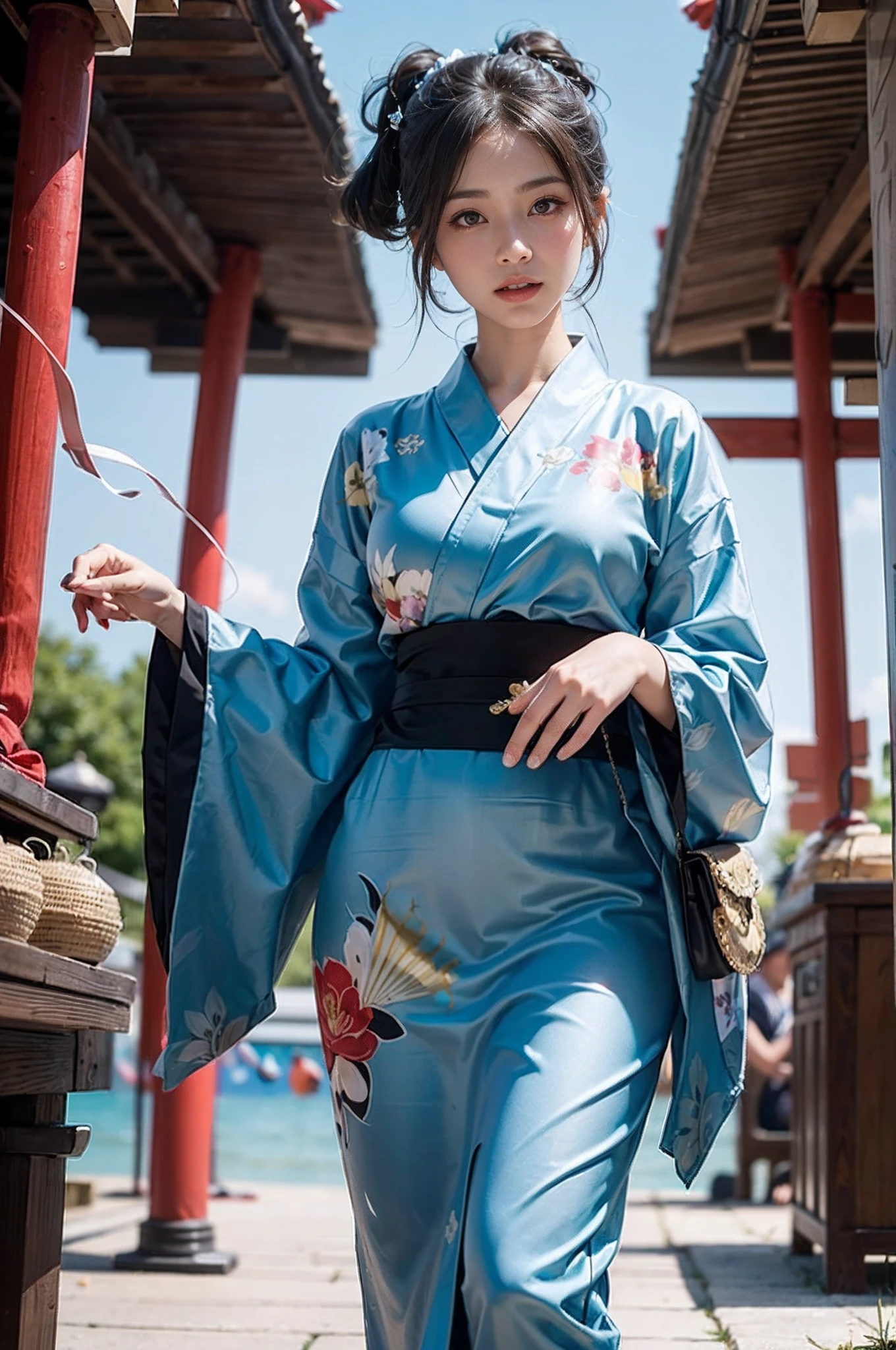 电影灯光，(((tmasterpiece))), ((best qualtiy)), ((intricate and detailed)), ((Ultra-realistic realism)), 4K,1beautiful woman, 25-years old, poneyTail,Ultra-fine yukata,A slender,large full breasts,having a good time, Large fishbowl , Swirling flocks of goldfish, Floating goldfish, Graphic illustration, see fishes swimming,A lot of goldfish, amazing depth, Cutest, Lots of fish balls,Goldfish scooping at a summer festival, (The background is the summer festival of the shrine:1.4), Silver hair, split ponytail, star-shaped pupils, conceptual art, Art Nouveau, Glowing light, nffsw, Textured skin, masutepiece, Anatomically correct, Best Quality, 8K,(((Perfect Anatomy))),perfect hand,Perfect fingers,